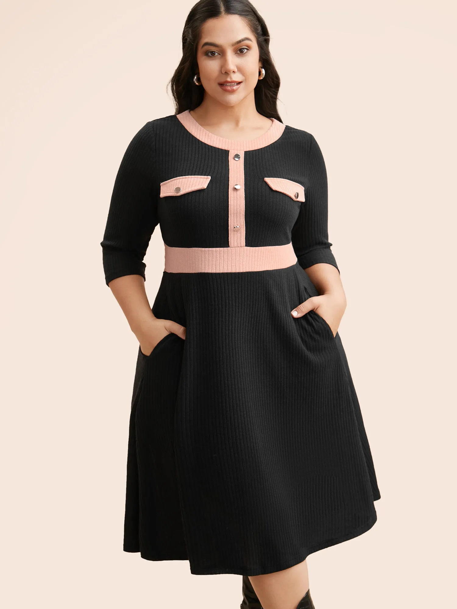 Contrast Texture Metal Detail Midi Dress sold by Bloomchic product image thumbnail 4