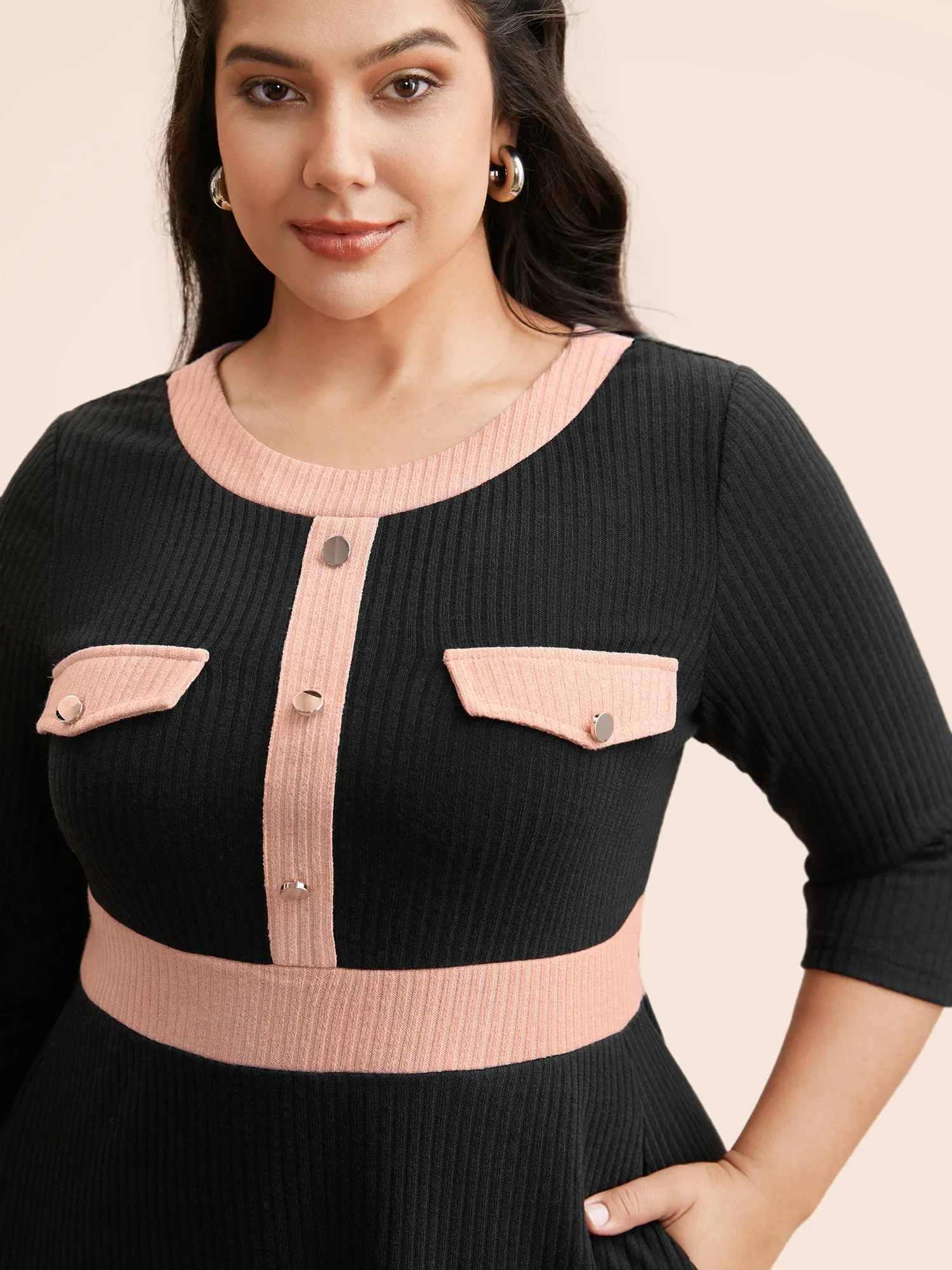 Contrast Texture Metal Detail Midi Dress sold by Bloomchic product image thumbnail 2