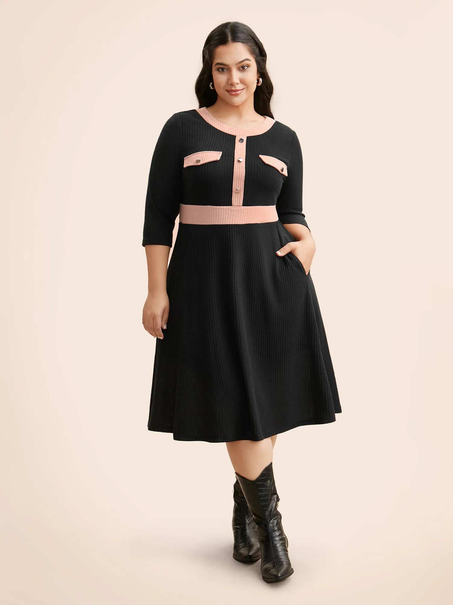 Contrast Texture Metal Detail Midi Dress sold by Bloomchic