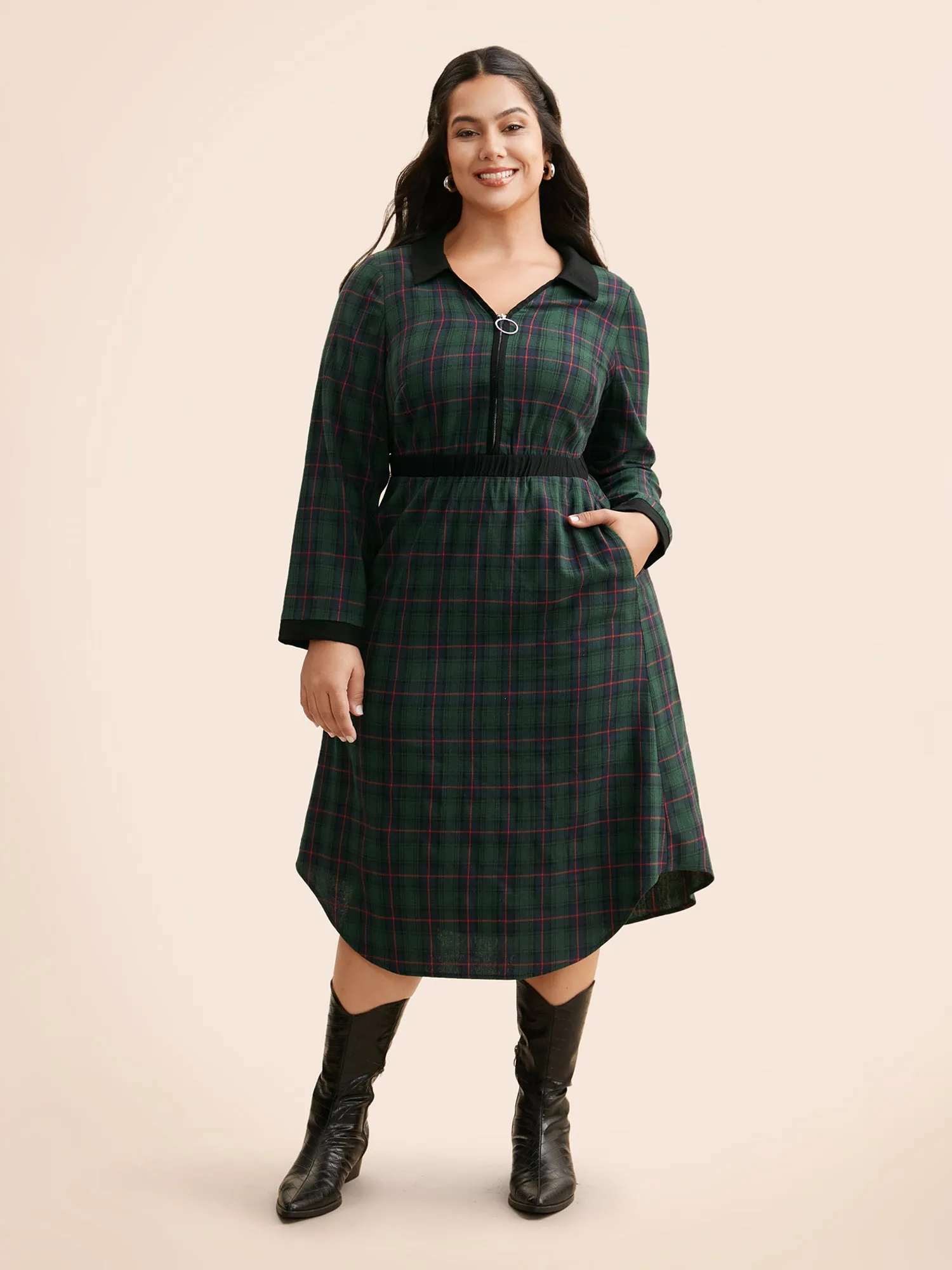 Contrast Plaid O Ring Zipper Dress sold by Bloomchic