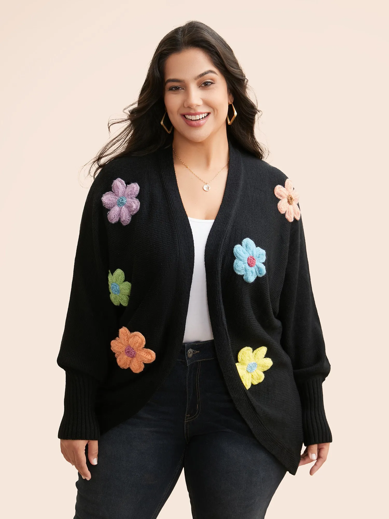 Stereo Flower Design Drop Shoulder Cardigan sold by Bloomchic
