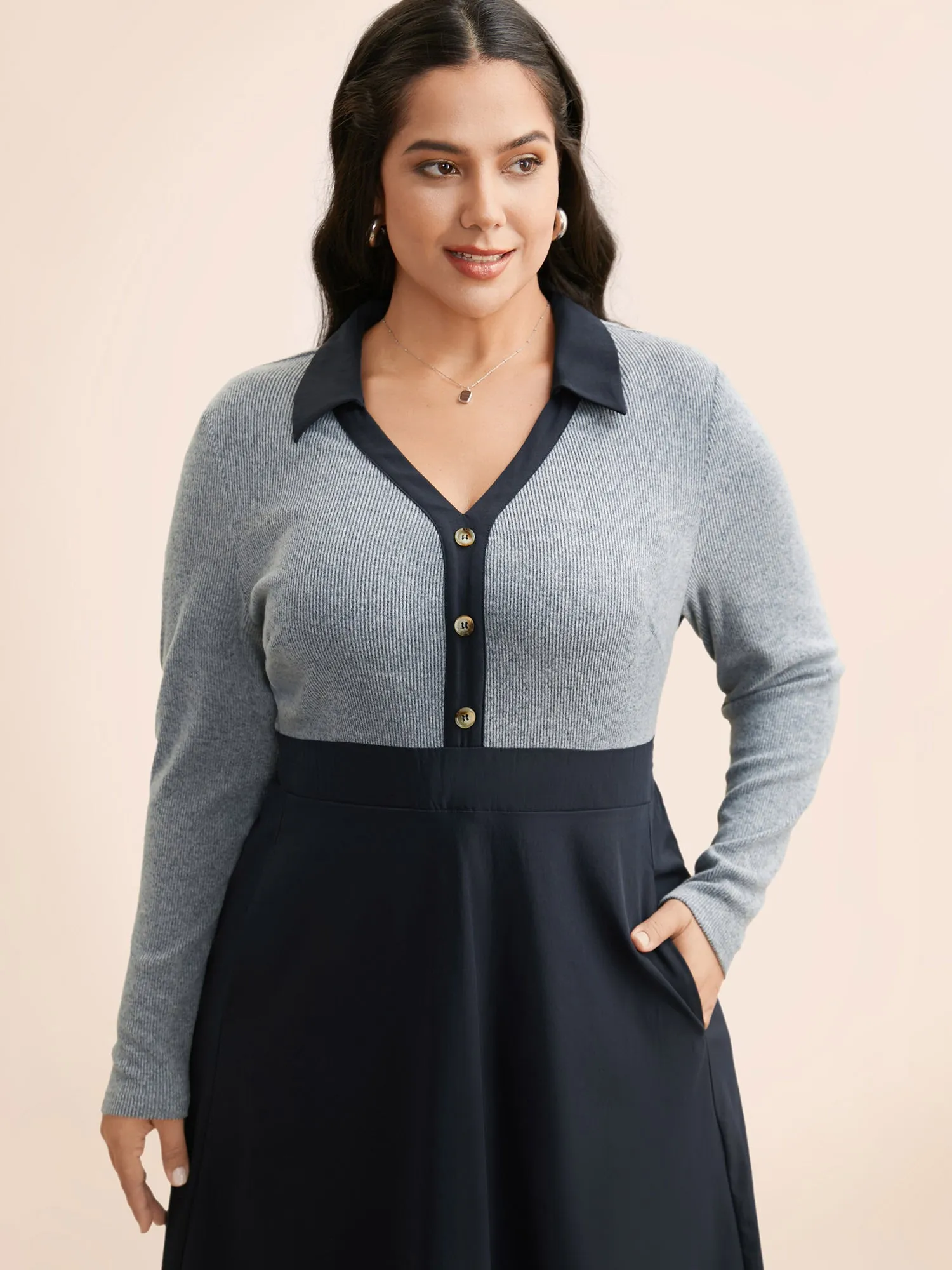 Contrast Shirt Collar Button Detail Dress sold by Bloomchic product image thumbnail 2