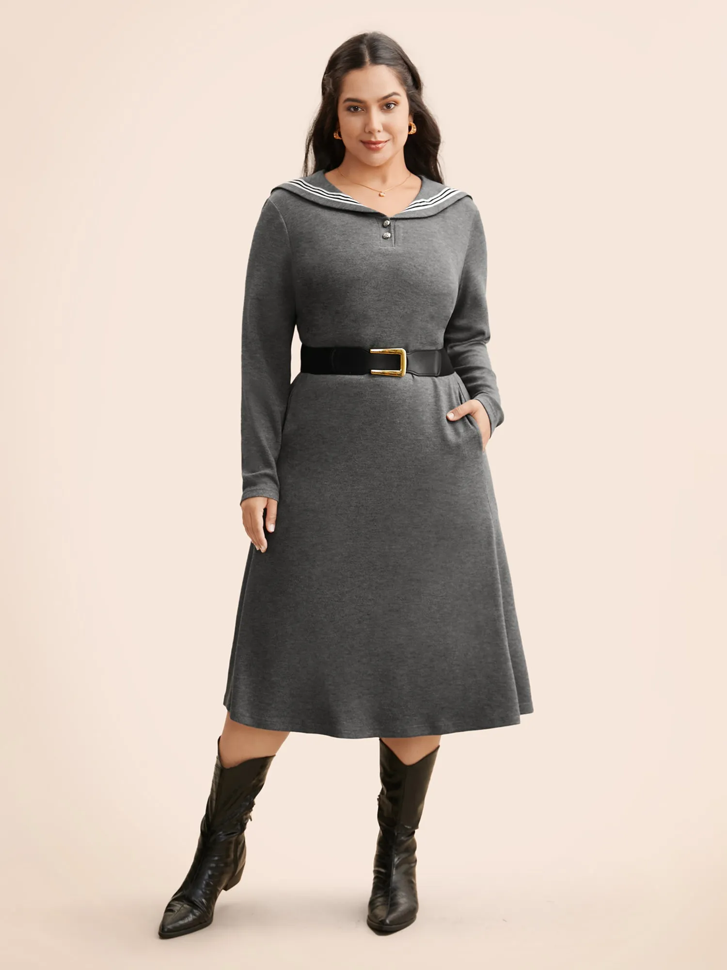 Sailor Collar Contrast Button Up Dress sold by Bloomchic product image thumbnail 3