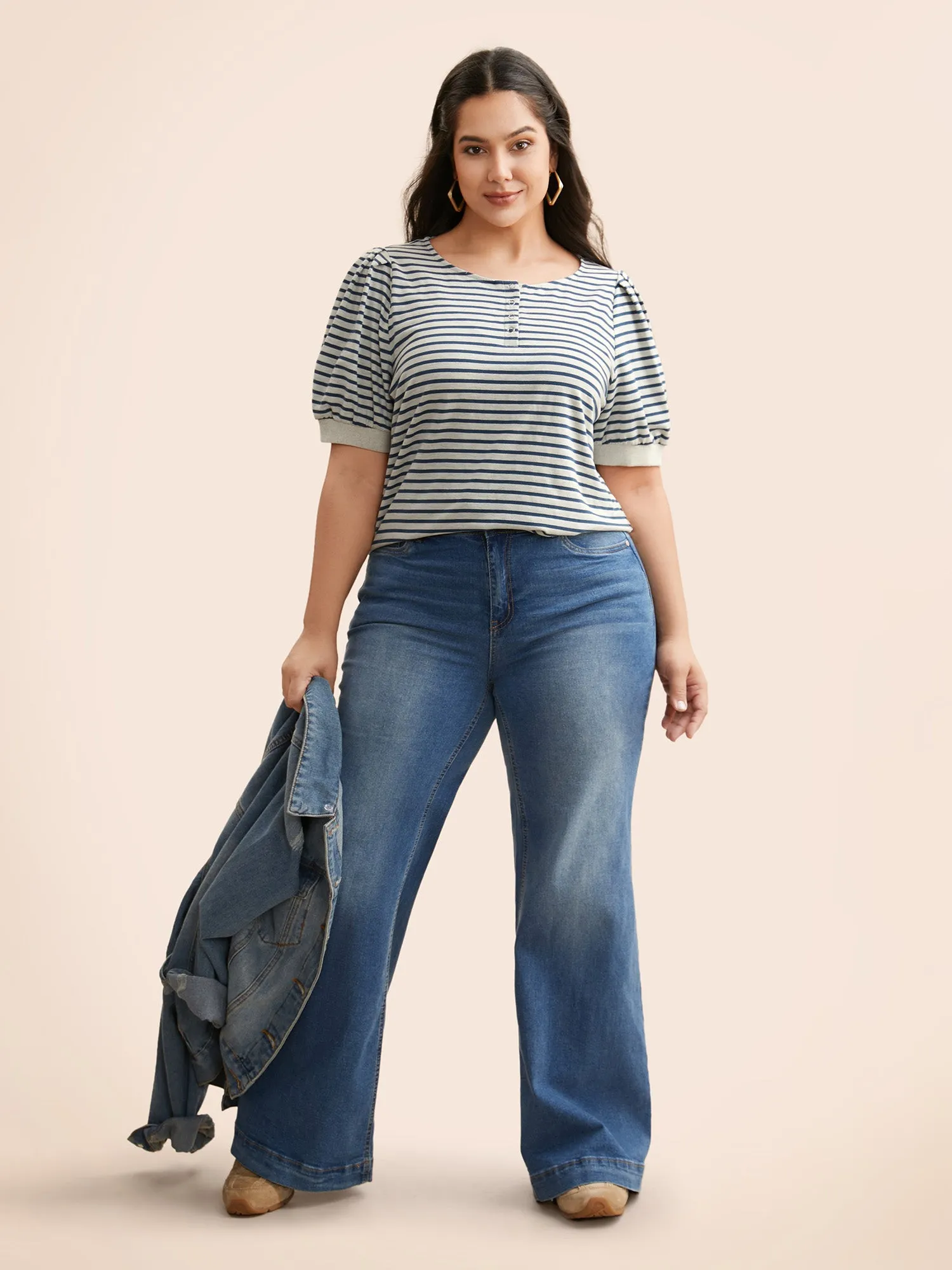 Striped Button Up Lantern Sleeve T-shirt sold by Bloomchic product image thumbnail 3