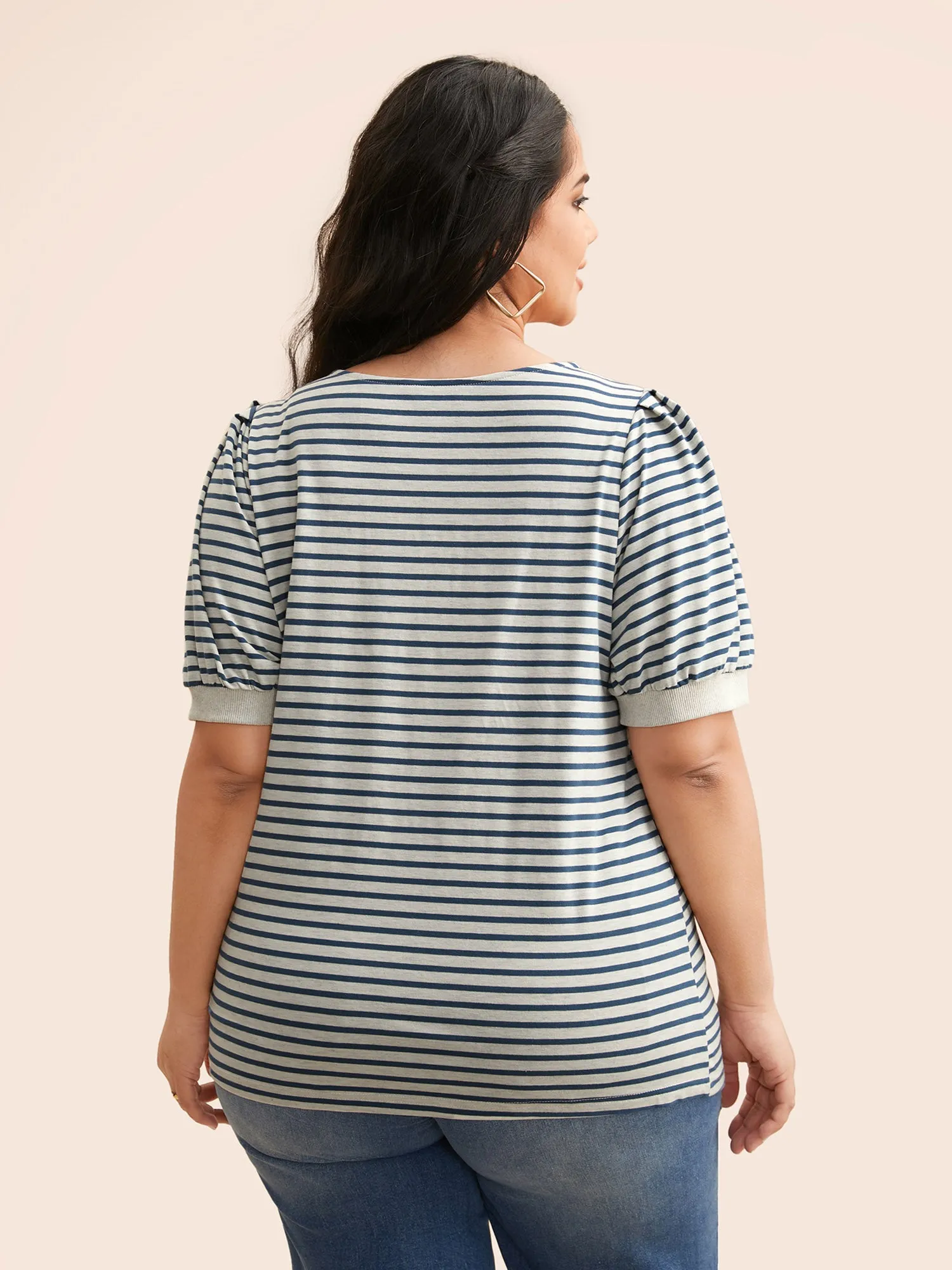 Striped Button Up Lantern Sleeve T-shirt sold by Bloomchic product image thumbnail 5