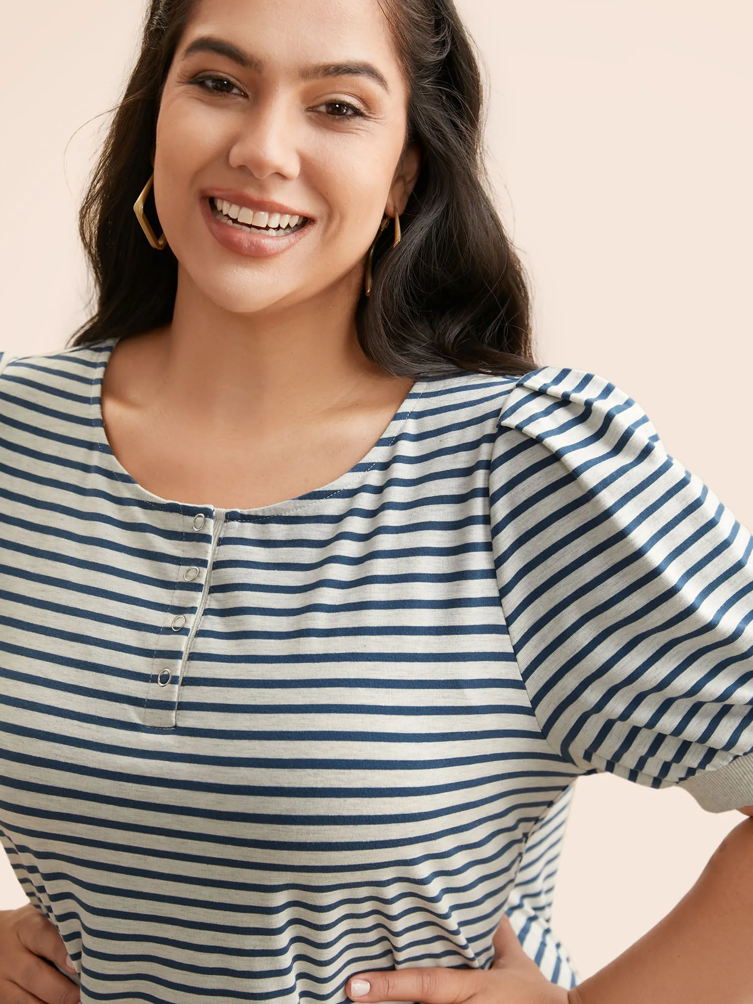 Striped Button Up Lantern Sleeve T-shirt sold by Bloomchic product image thumbnail 4