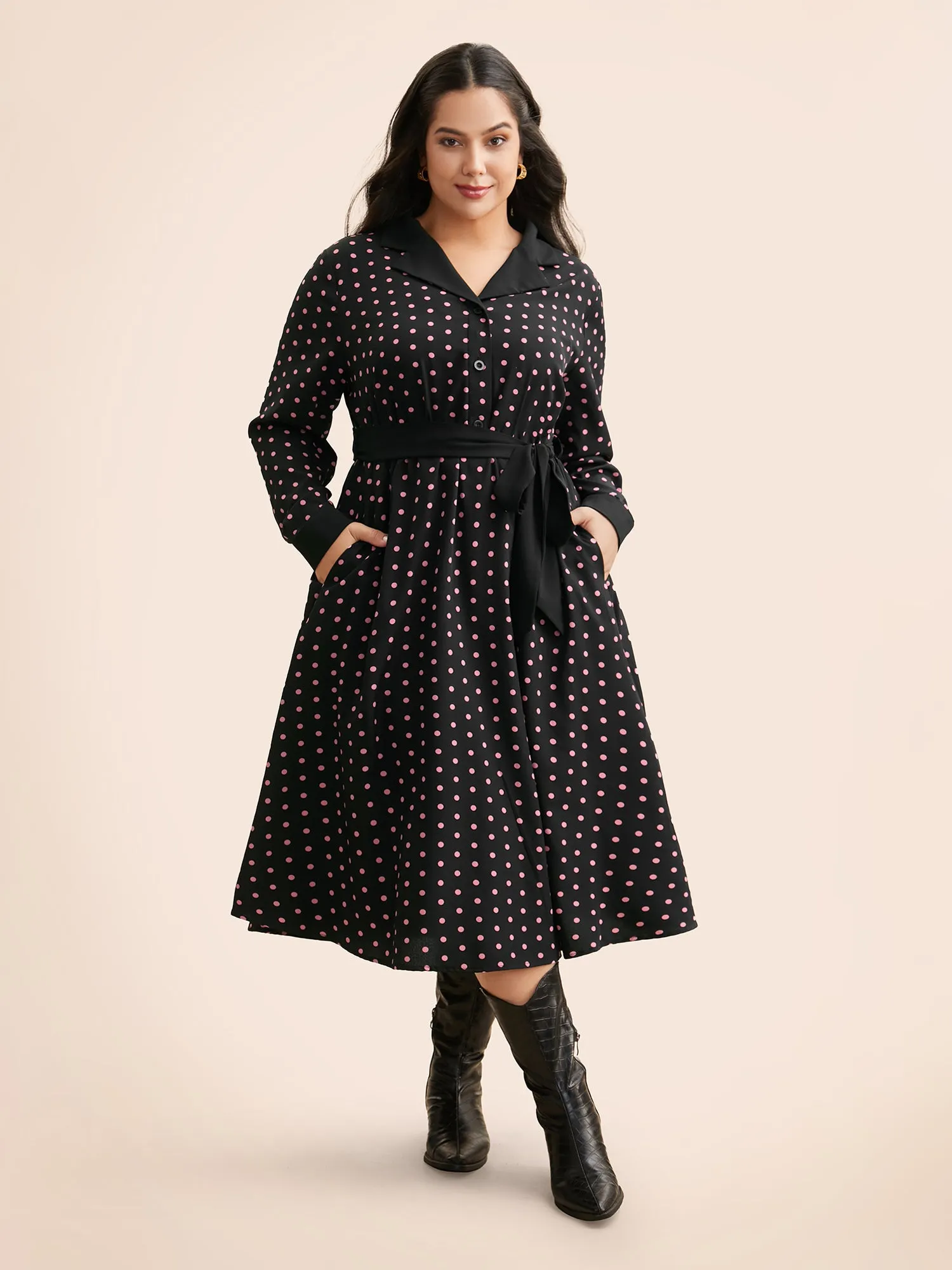 Polka Dot Suit Collar Belted Dress sold by Bloomchic product image thumbnail 3