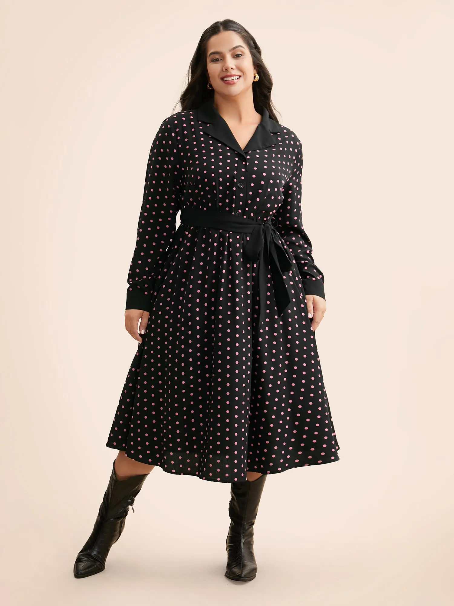 Polka Dot Suit Collar Belted Dress sold by Bloomchic