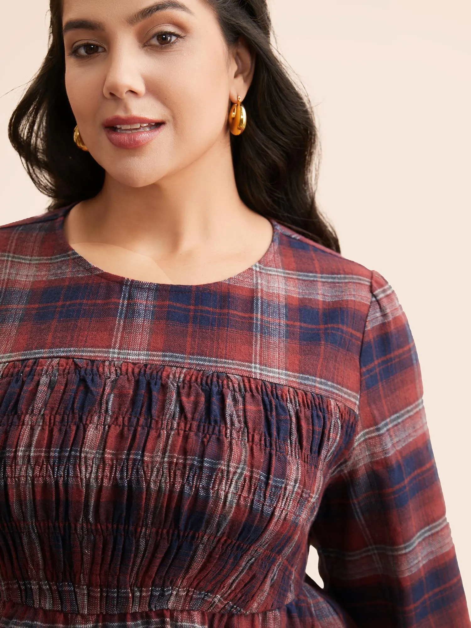 Plaid Shirred Lantern Sleeve Blouse sold by Bloomchic product image thumbnail 3