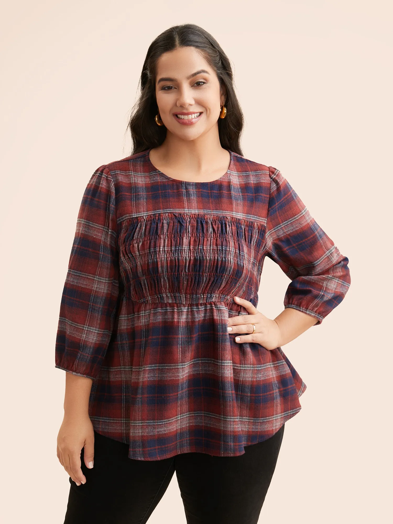 Plaid Shirred Lantern Sleeve Blouse sold by Bloomchic