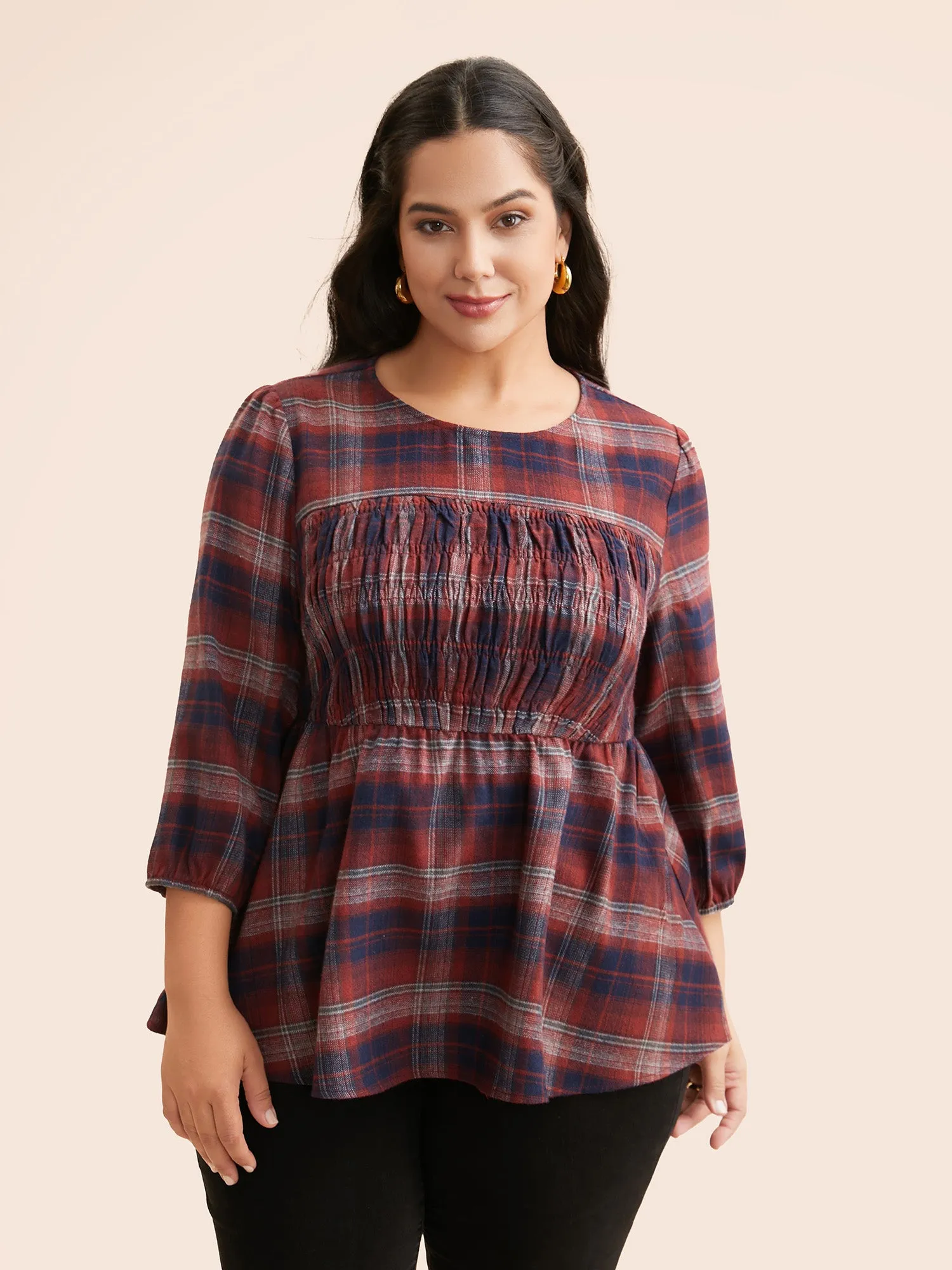 Plaid Shirred Lantern Sleeve Blouse sold by Bloomchic product image thumbnail 4