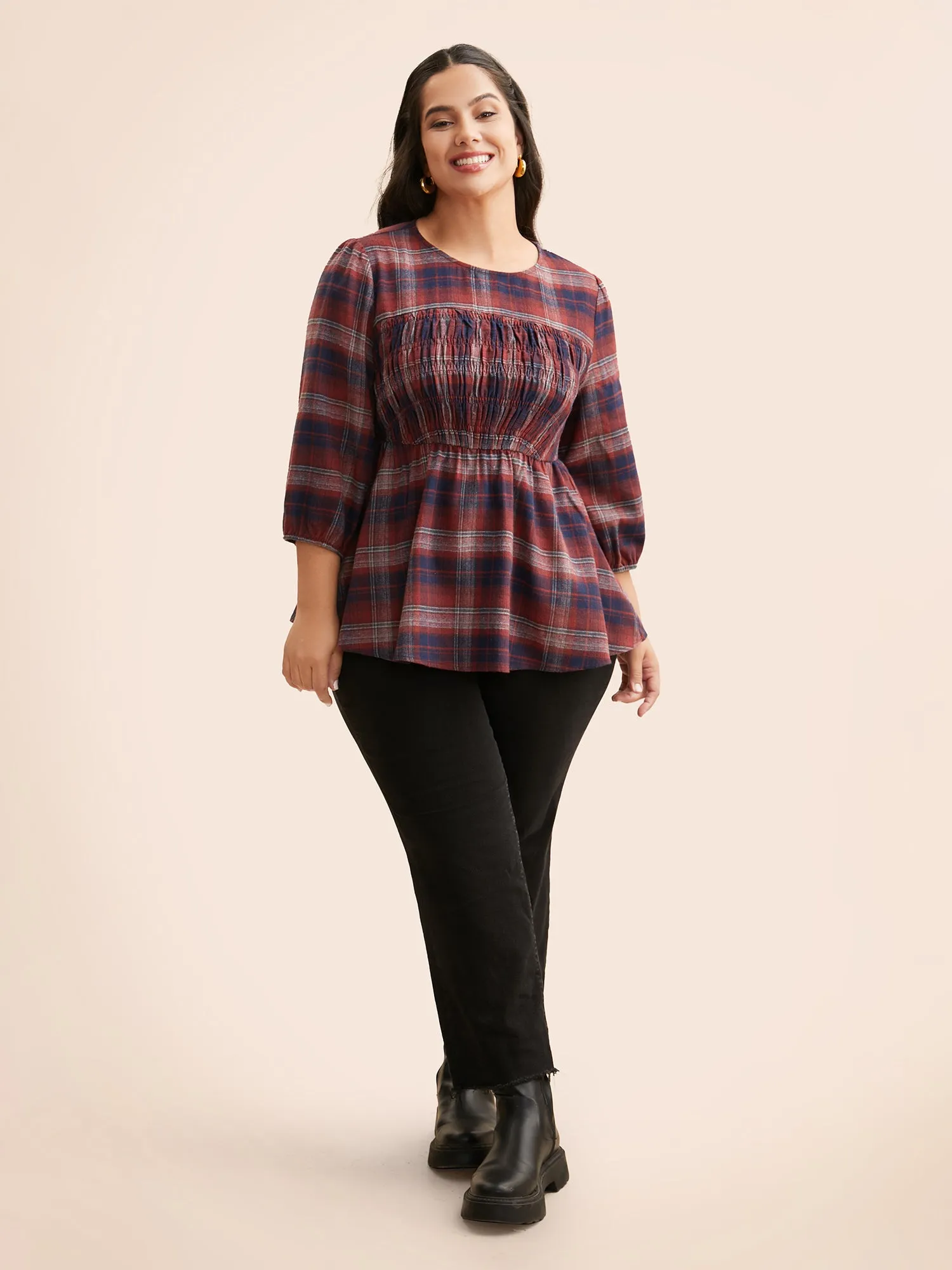Plaid Shirred Lantern Sleeve Blouse sold by Bloomchic product image thumbnail 2