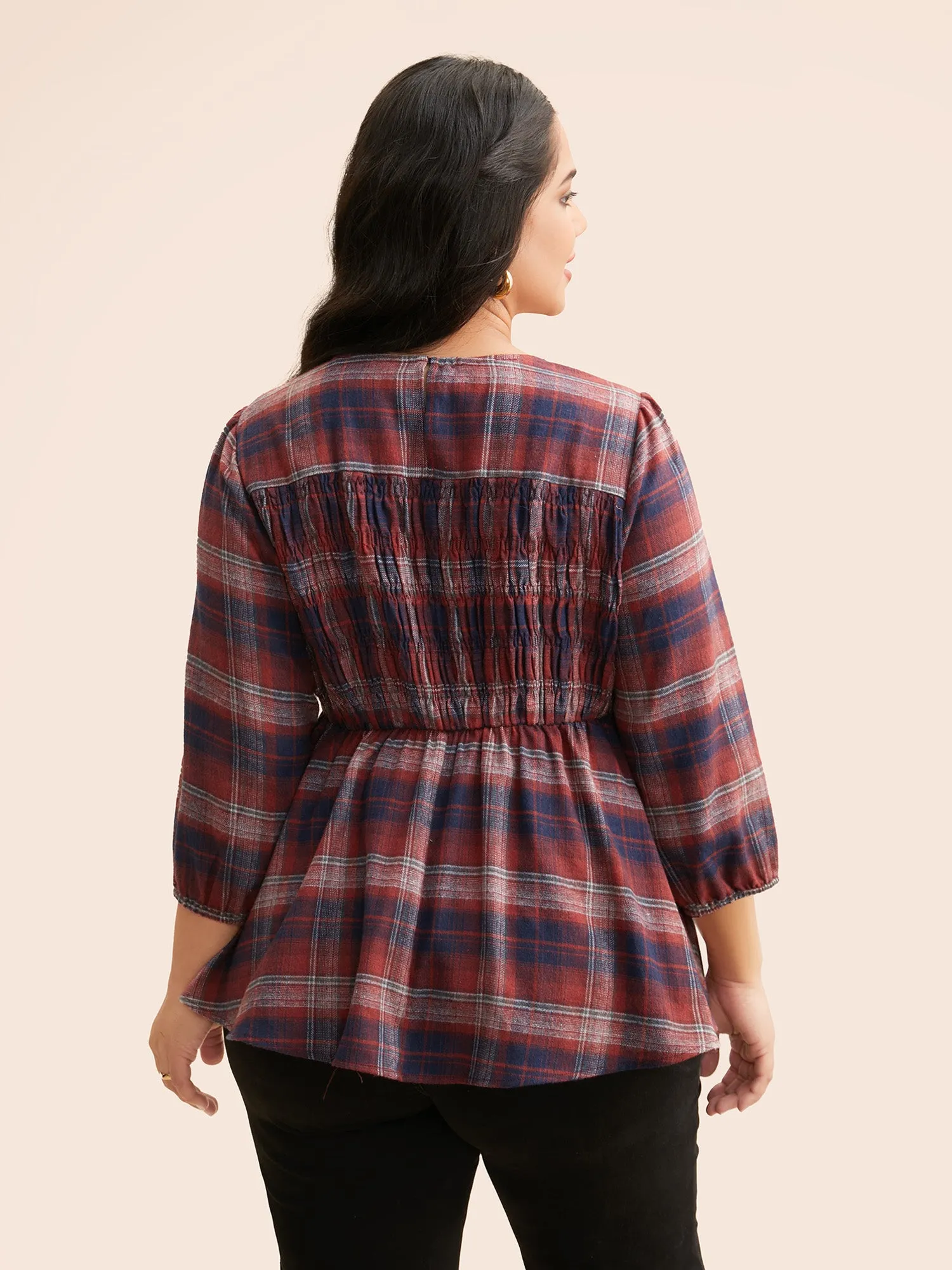 Plaid Shirred Lantern Sleeve Blouse sold by Bloomchic product image thumbnail 5