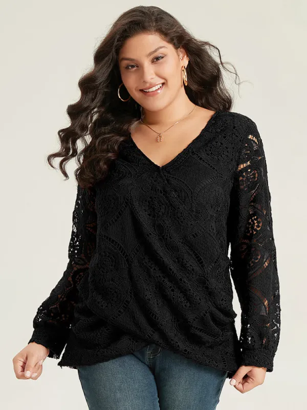 Plain Embroidered Guipure Lace Wrap Blouse sold by Bloomchic