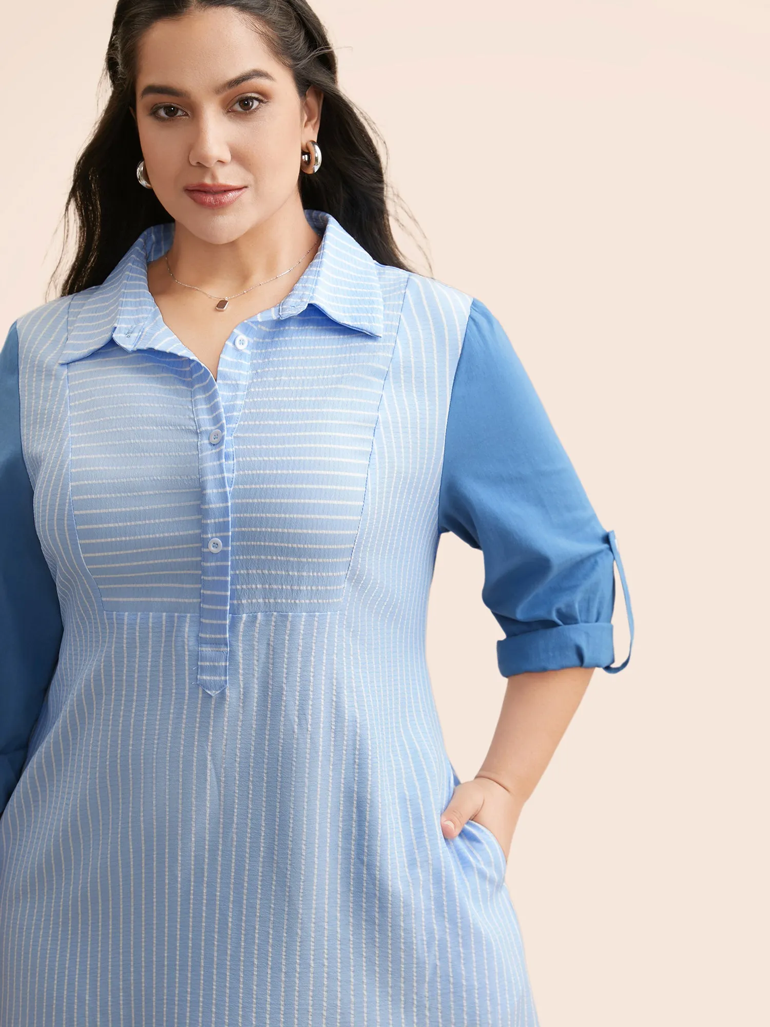 Striped Patchwork Contrast Tab Sleeve Dress sold by Bloomchic product image thumbnail 2