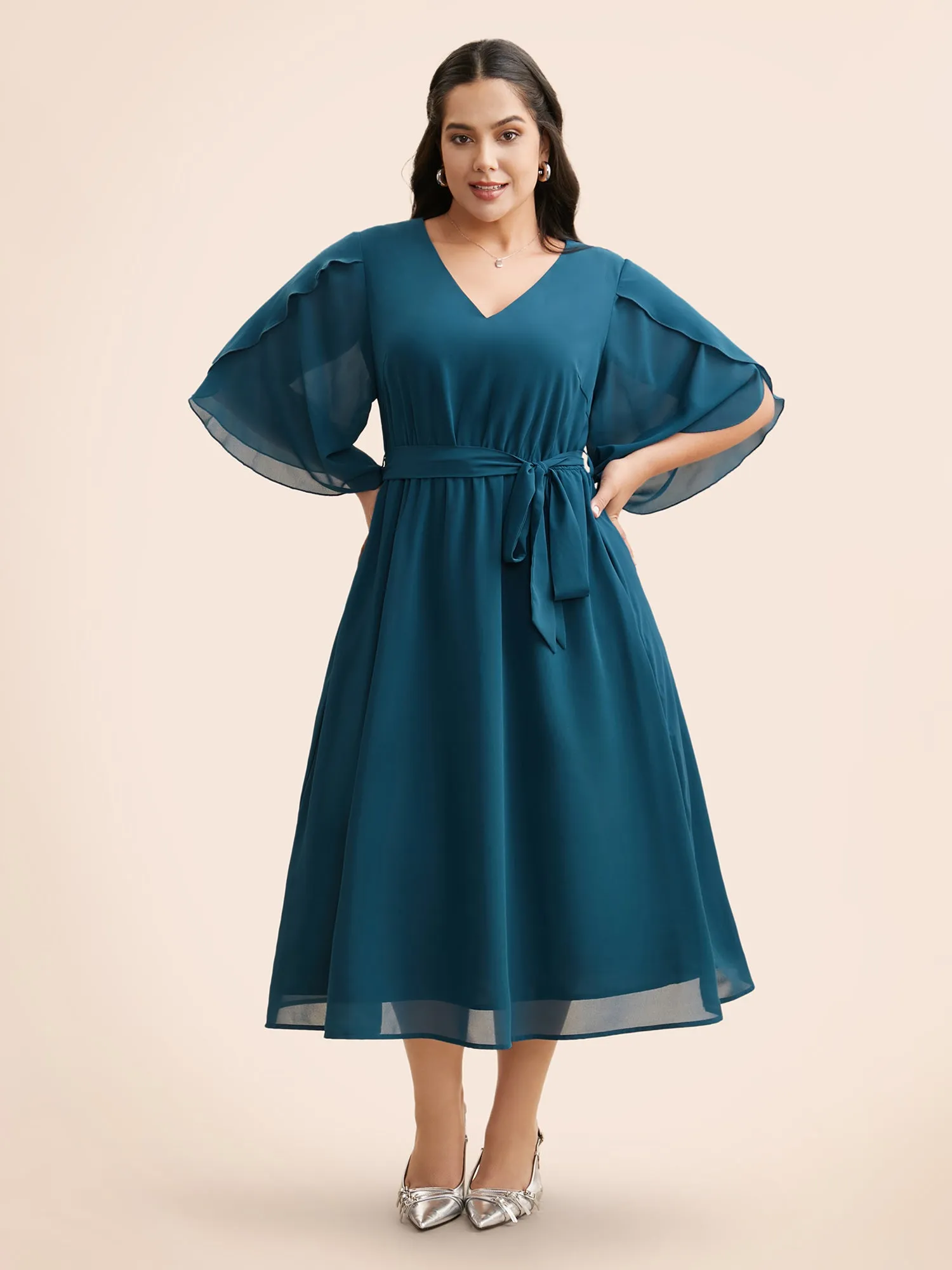 Chiffon Petal Sleeve Midi Dress sold by Bloomchic