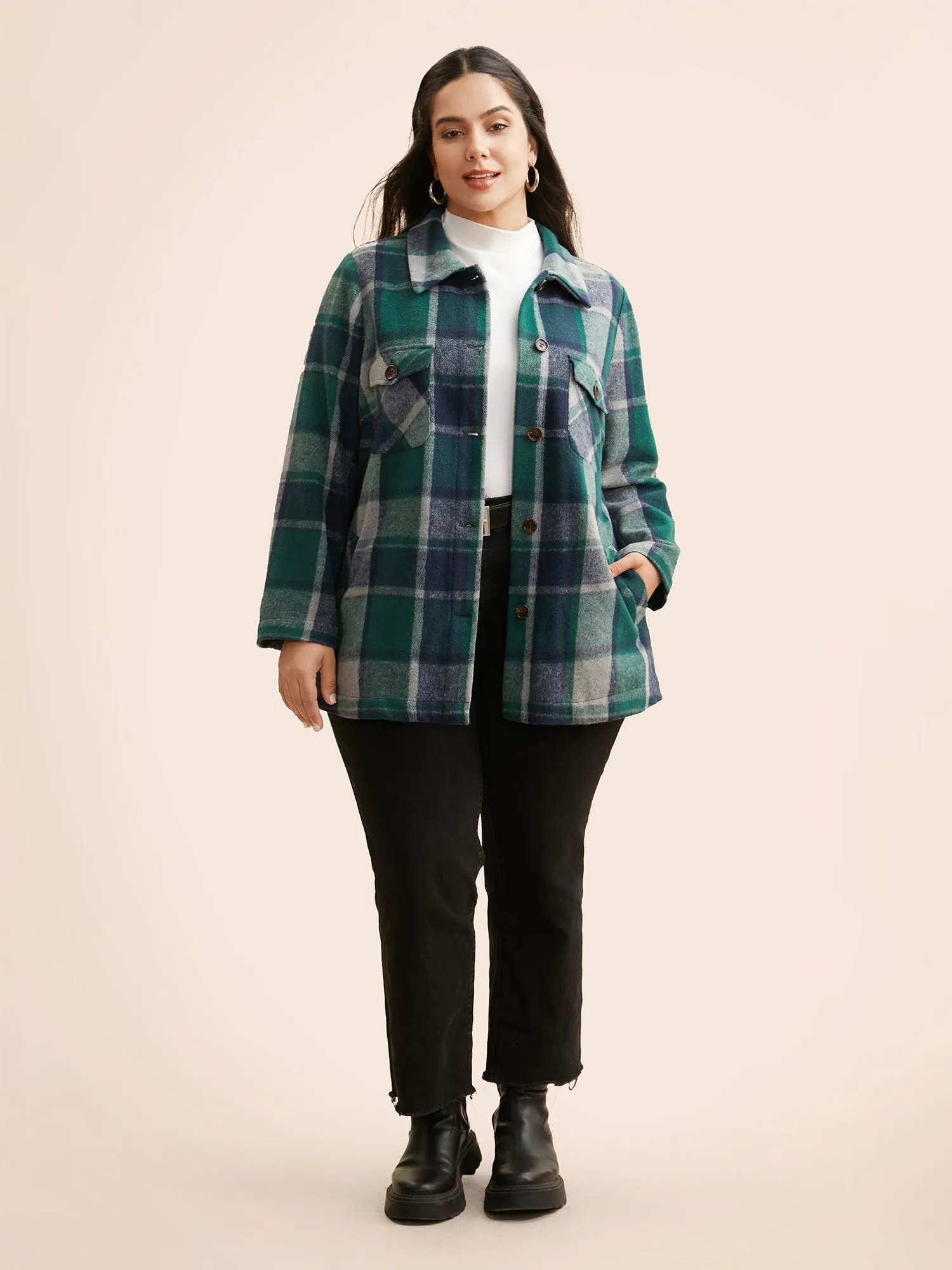 Plaid Shirt Collar Patched Pocket Jacket sold by Bloomchic product image thumbnail 3