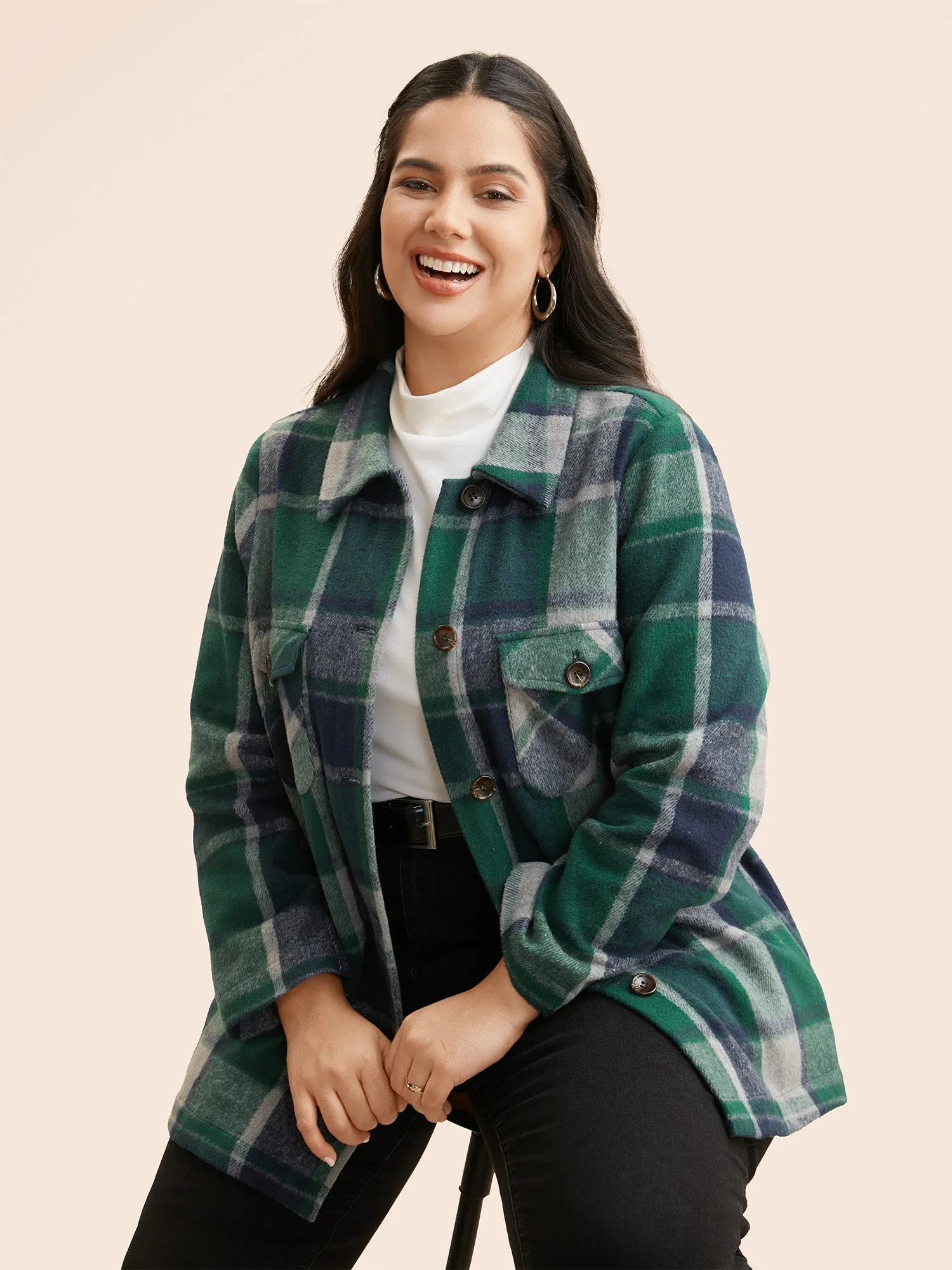 Plaid Shirt Collar Patched Pocket Jacket sold by Bloomchic product image thumbnail 2