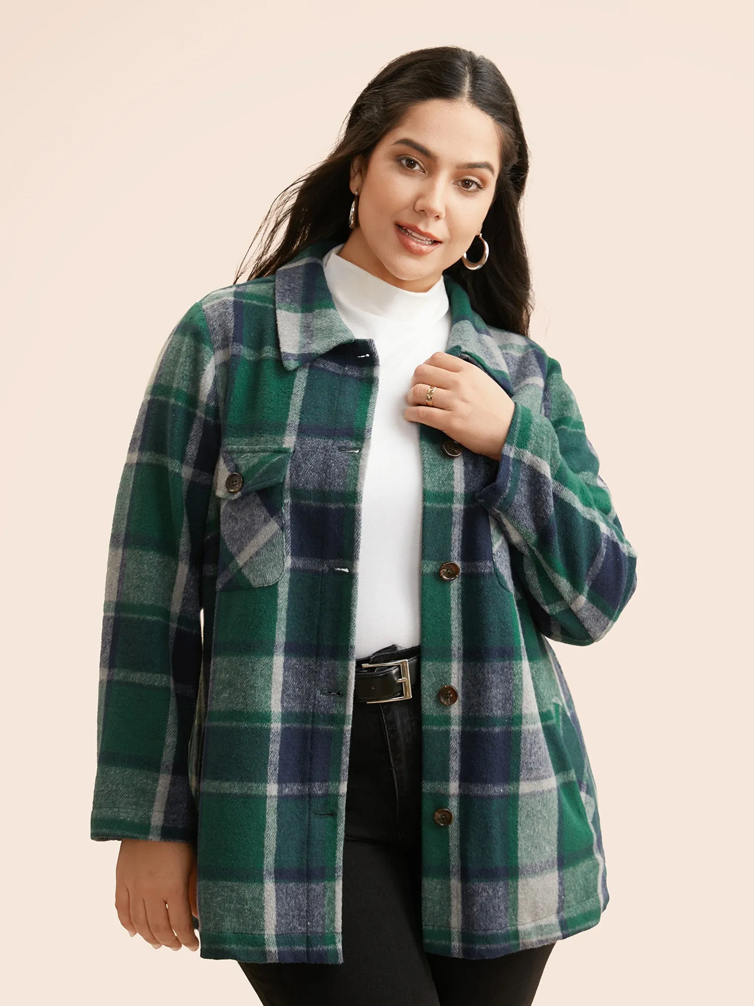 Plaid Shirt Collar Patched Pocket Jacket sold by Bloomchic
