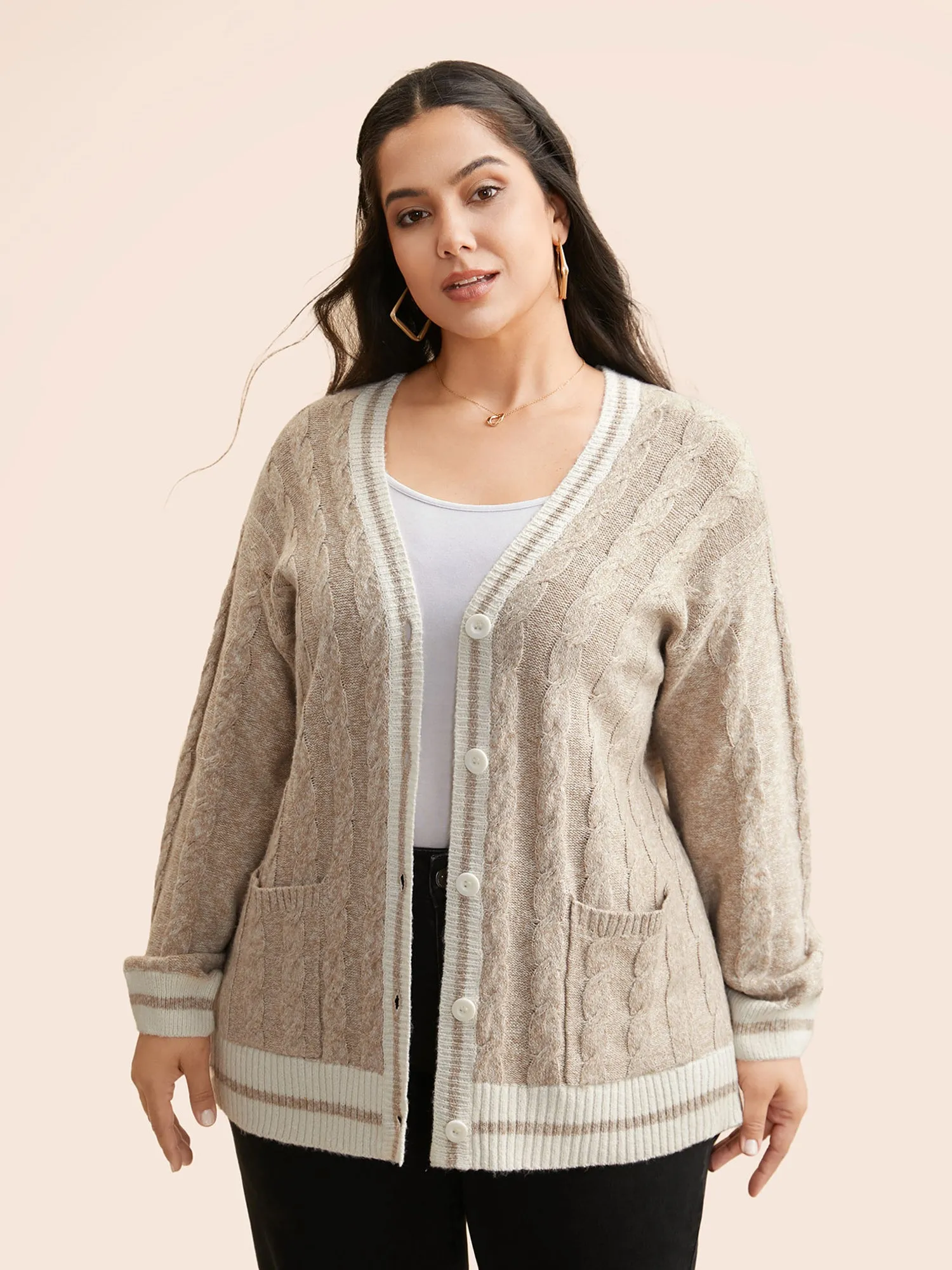 Contrast Trim Cable Knit Pocket Cardigan sold by Bloomchic