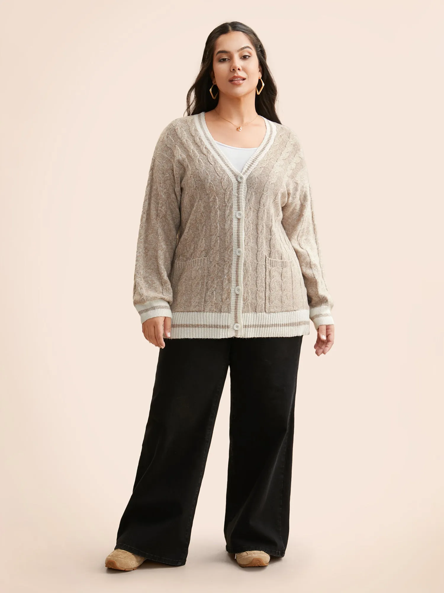 Contrast Trim Cable Knit Pocket Cardigan sold by Bloomchic product image thumbnail 3