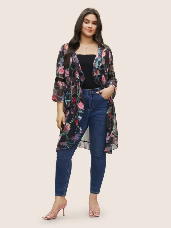 Floral Ruffles Lace Patchwork Mesh Kimono sold by Bloomchic