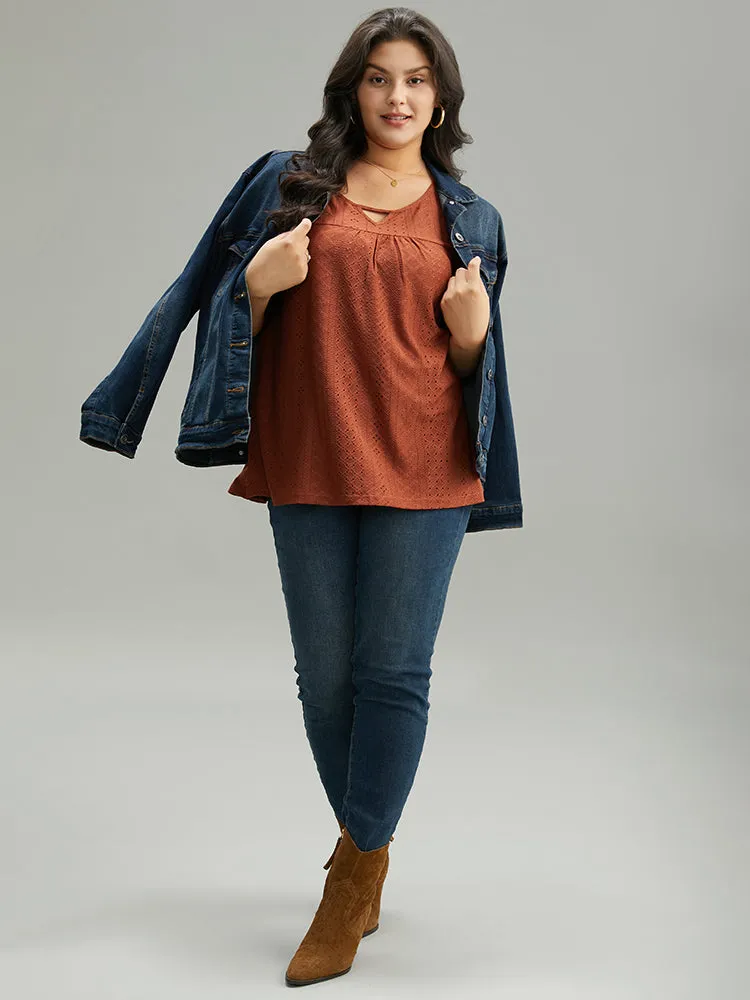 Plain Geometric Eyelet Keyhole Petal Sleeve T-shirt sold by Bloomchic product image thumbnail 4