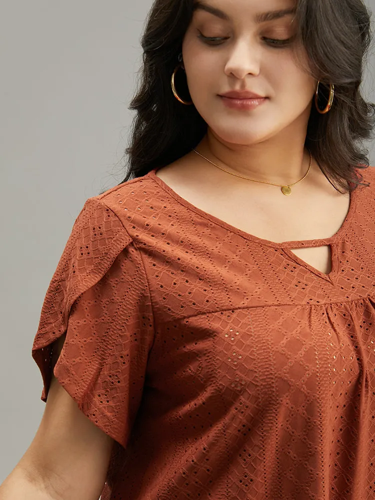 Plain Geometric Eyelet Keyhole Petal Sleeve T-shirt sold by Bloomchic product image thumbnail 5