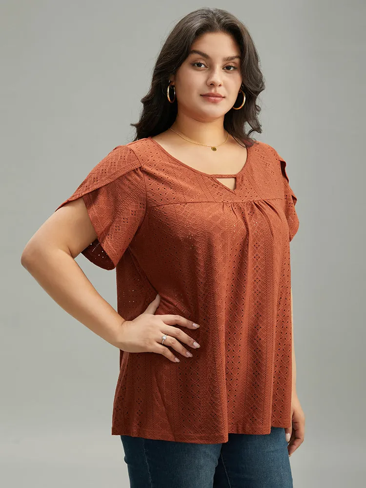 Plain Geometric Eyelet Keyhole Petal Sleeve T-shirt sold by Bloomchic product image thumbnail 3