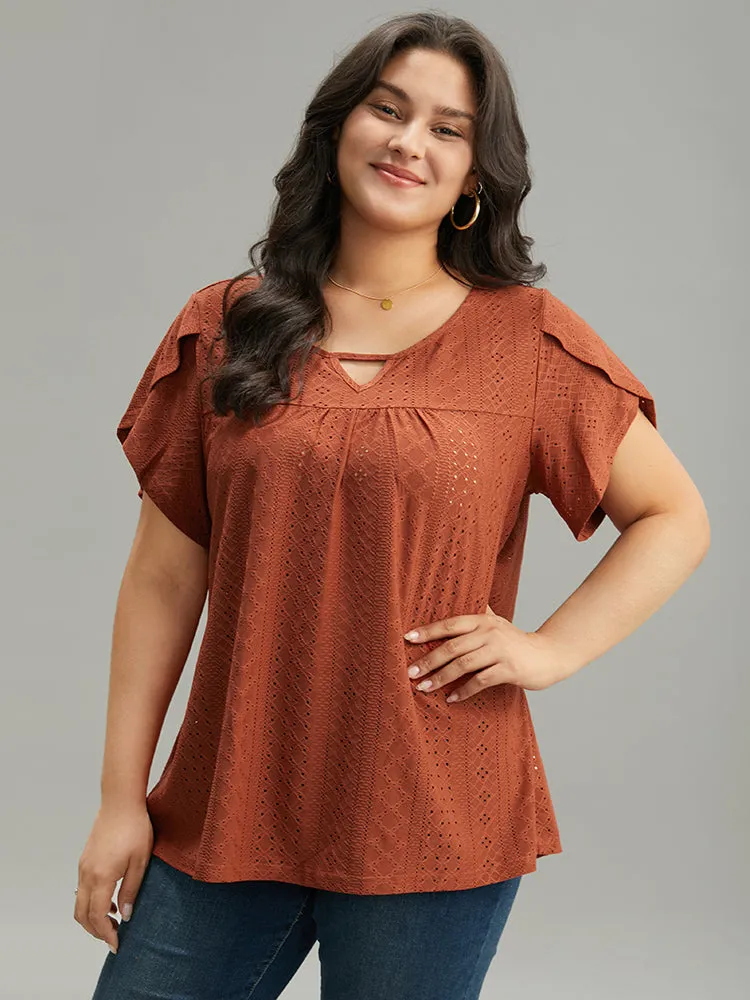 Plain Geometric Eyelet Keyhole Petal Sleeve T-shirt sold by Bloomchic