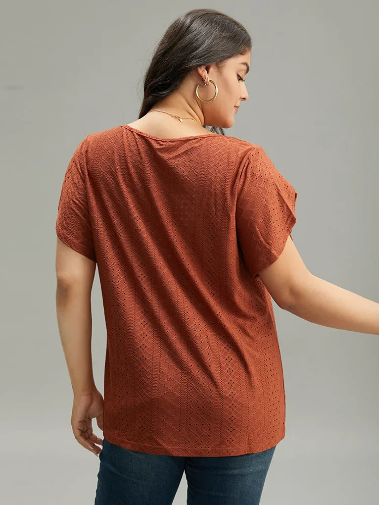 Plain Geometric Eyelet Keyhole Petal Sleeve T-shirt sold by Bloomchic product image thumbnail 2