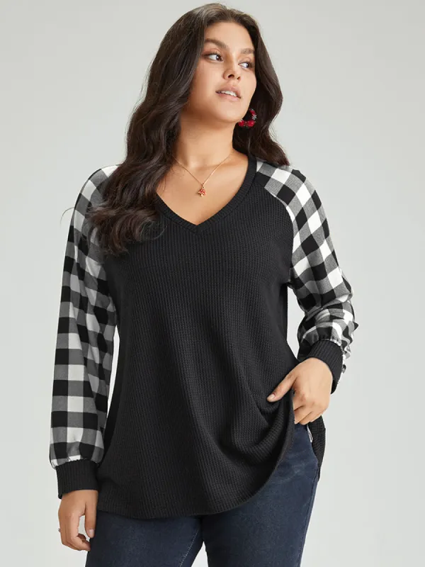 Waffle Knit Plaid Patchwork Raglan Sleeve T-shirt sold by Bloomchic