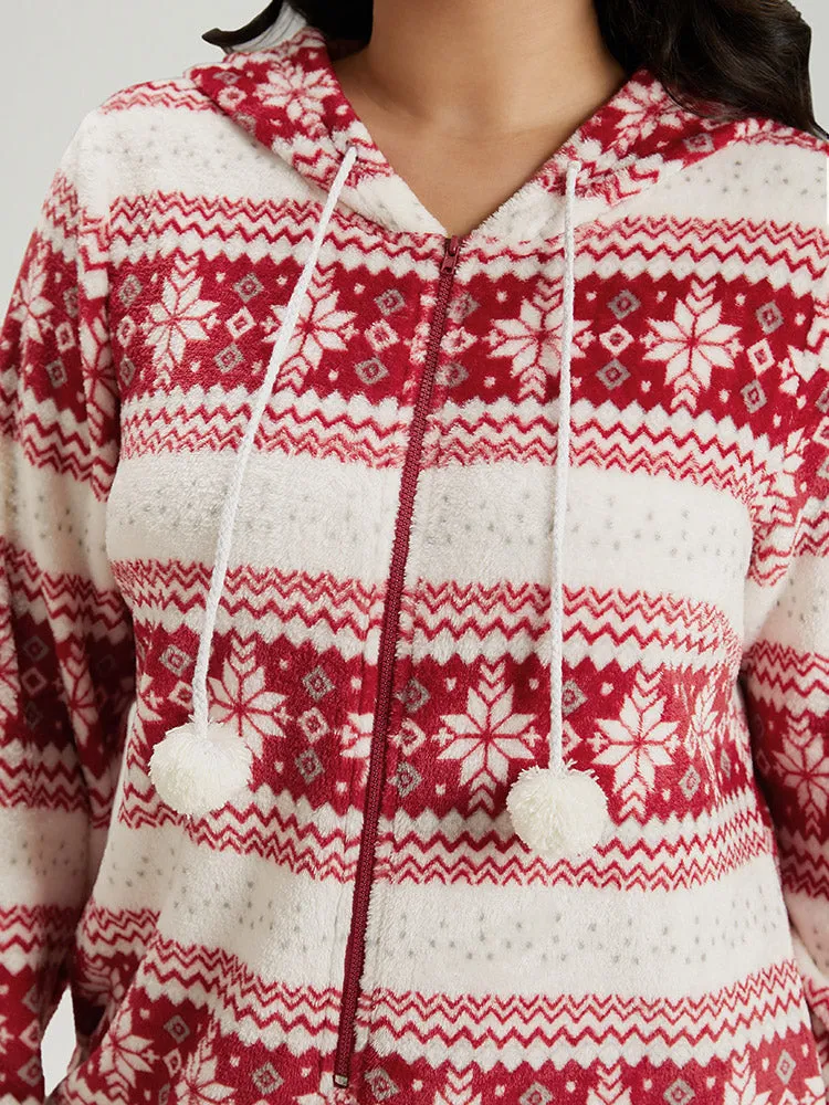 Snowflake Print Fuzzy Trim Sleep Hooded Jumpsuit sold by Bloomchic product image thumbnail 5