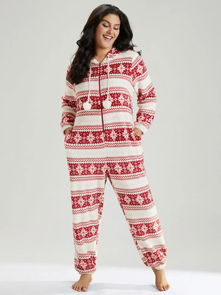 Snowflake Print Fuzzy Trim Sleep Hooded Jumpsuit sold by Bloomchic
