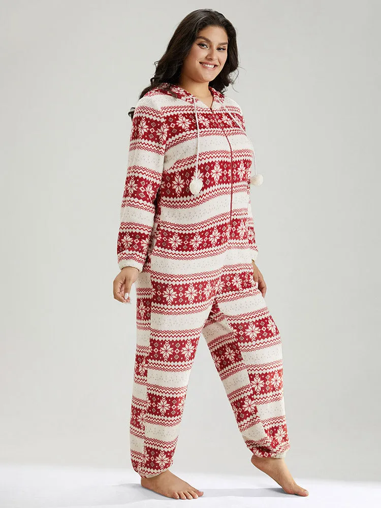 Snowflake Print Fuzzy Trim Sleep Hooded Jumpsuit sold by Bloomchic product image thumbnail 3