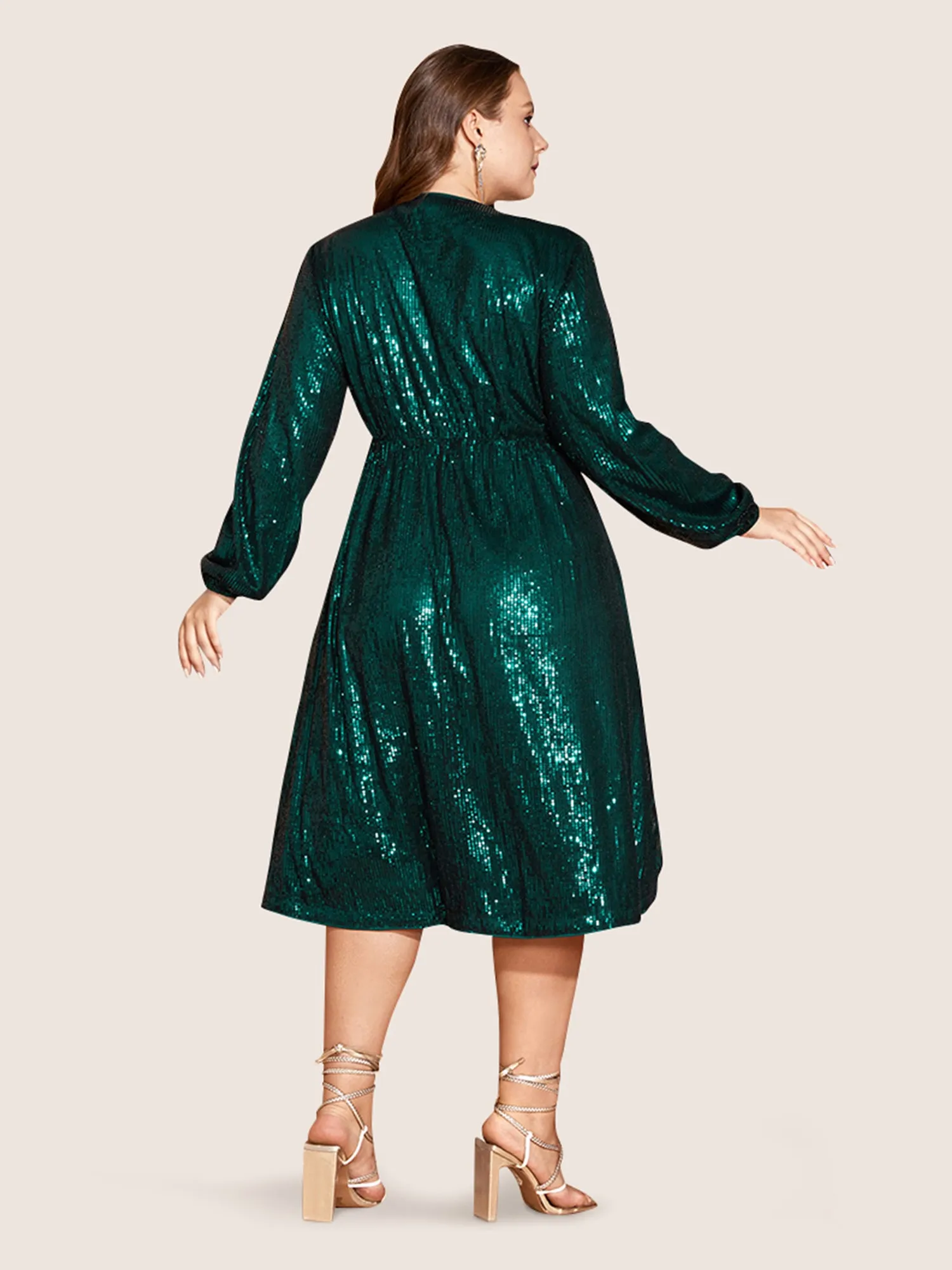 Solid Pocket Lantern Sleeve Wrap Sequin Dress sold by Bloomchic product image thumbnail 4