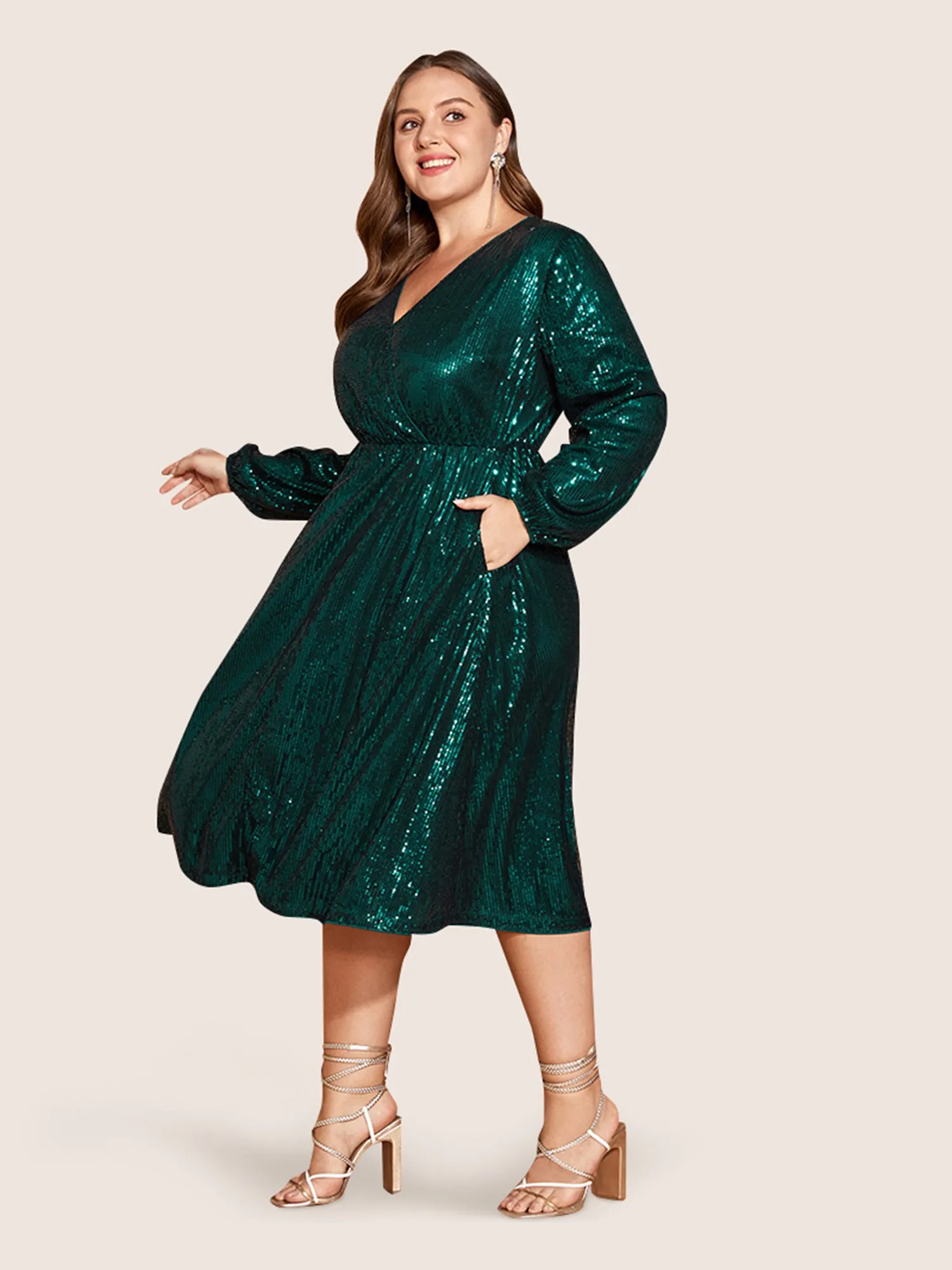 Solid Pocket Lantern Sleeve Wrap Sequin Dress sold by Bloomchic product image thumbnail 3