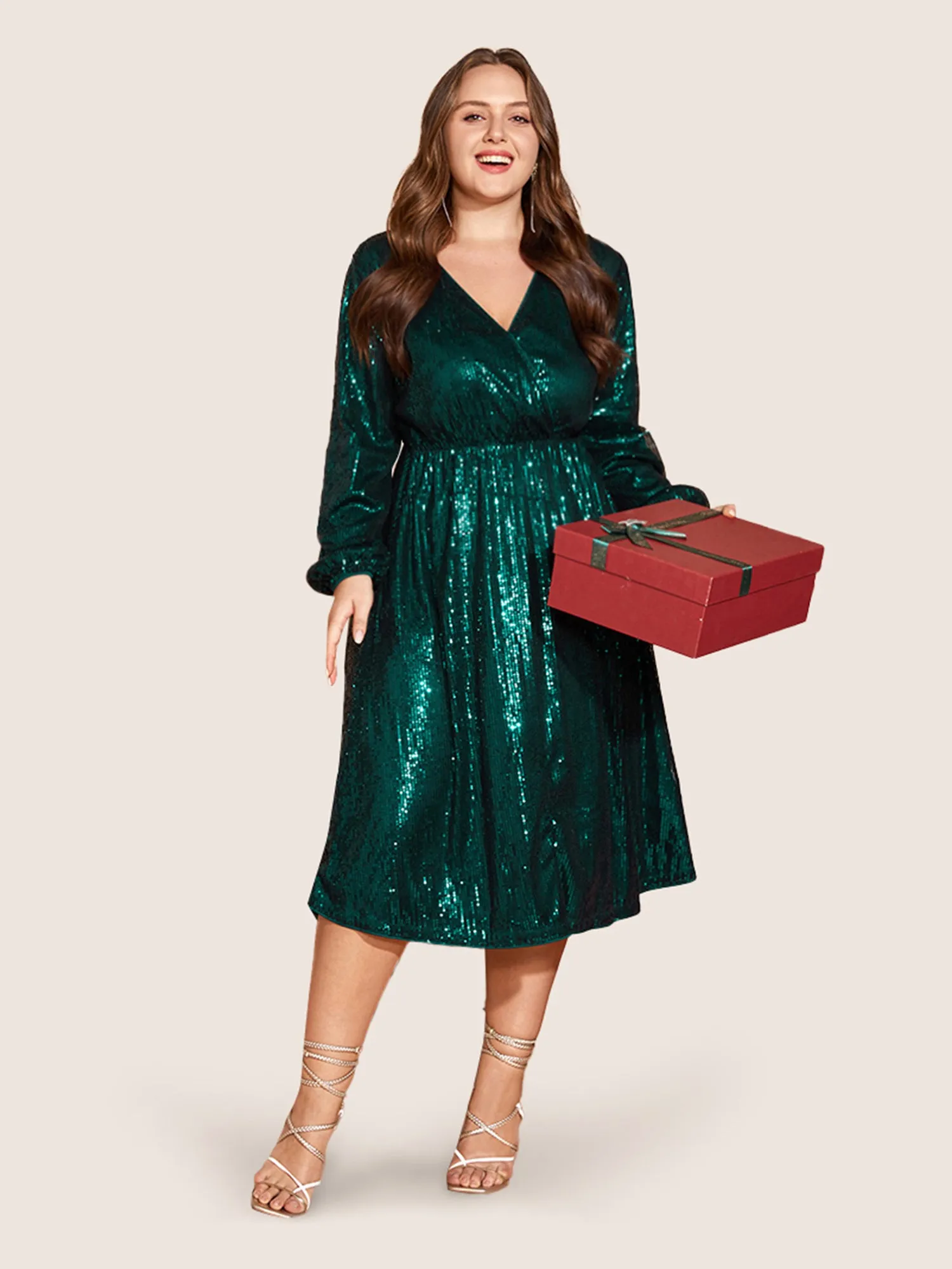 Solid Pocket Lantern Sleeve Wrap Sequin Dress sold by Bloomchic product image thumbnail 2