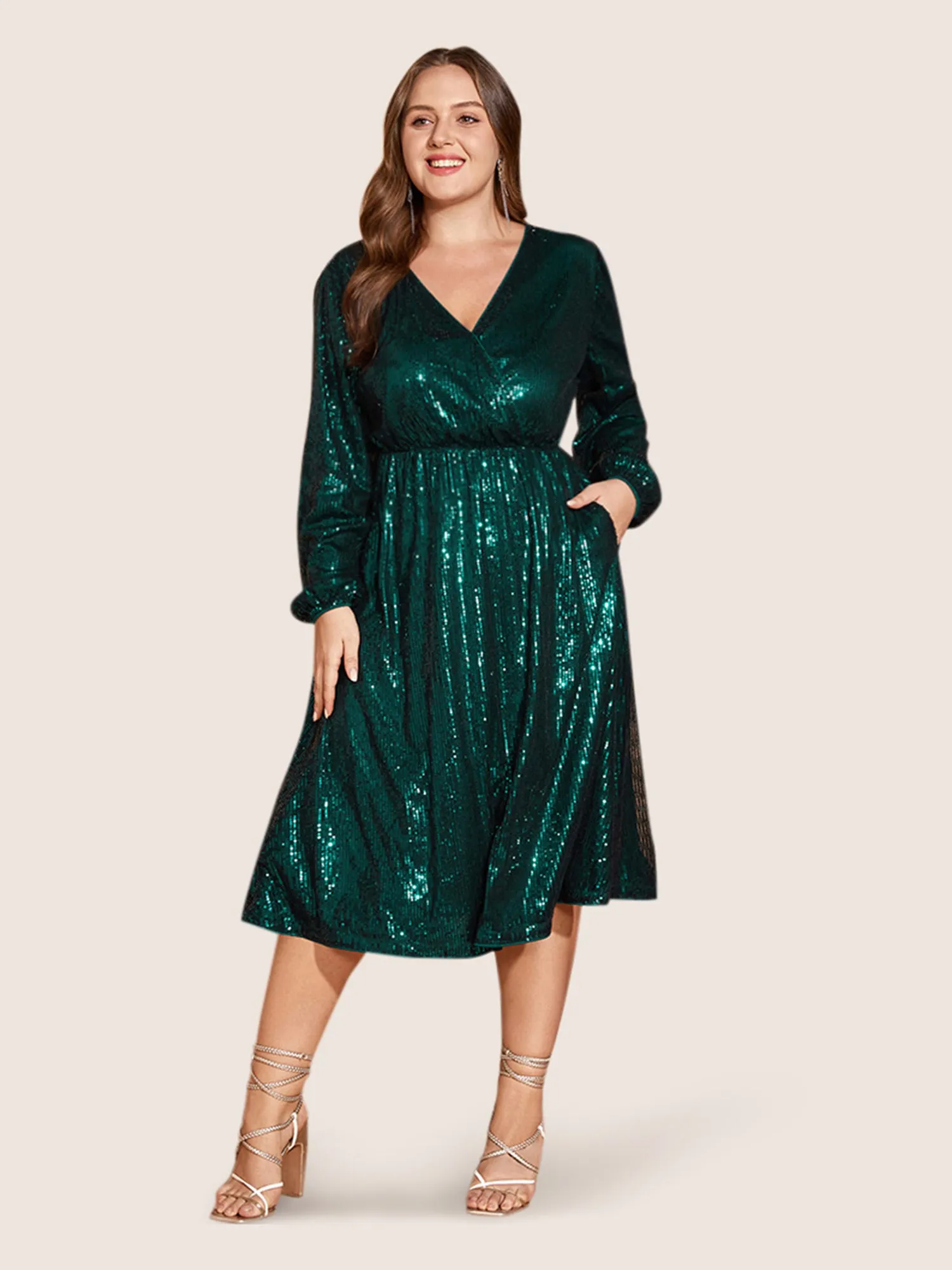 Solid Pocket Lantern Sleeve Wrap Sequin Dress sold by Bloomchic