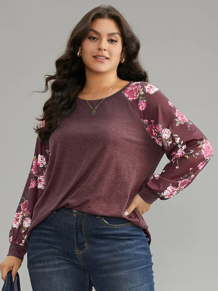 Floral Patchwork Crew Neck Raglan Sleeve T-shirt sold by Bloomchic