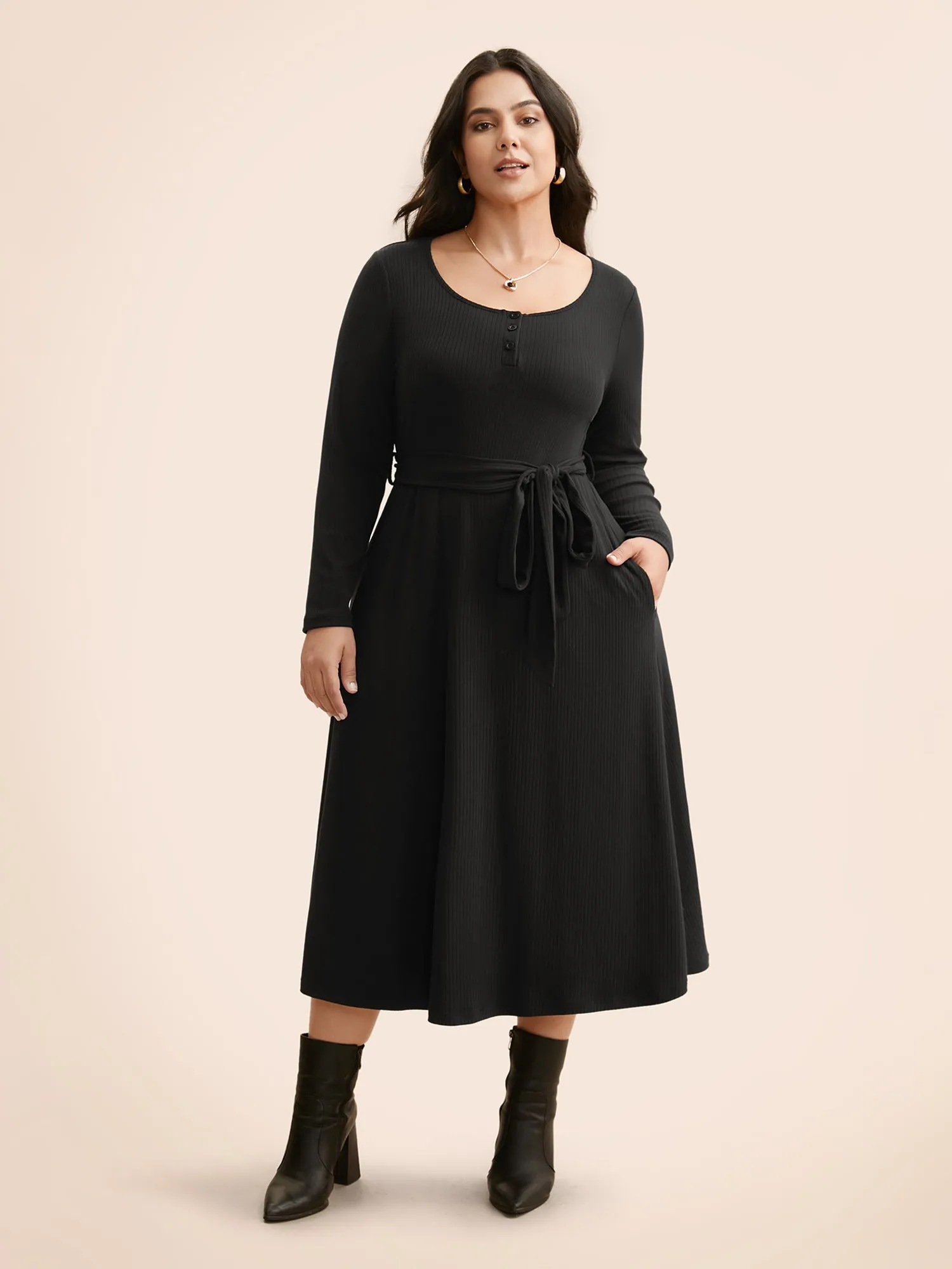 Solid Waist Tie Midi Dress sold by Bloomchic