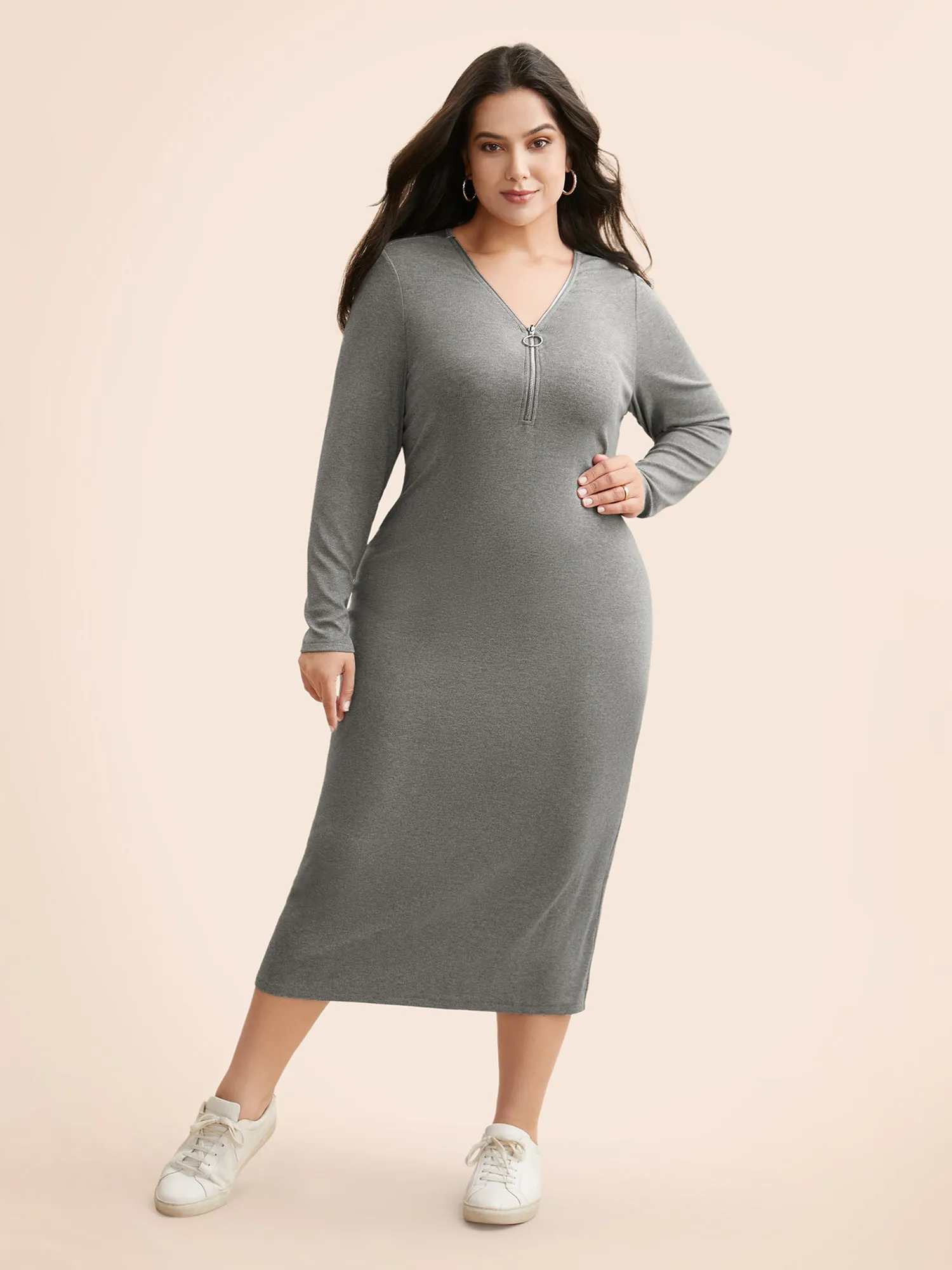 Solid Knit Zipper Midi Dress sold by Bloomchic