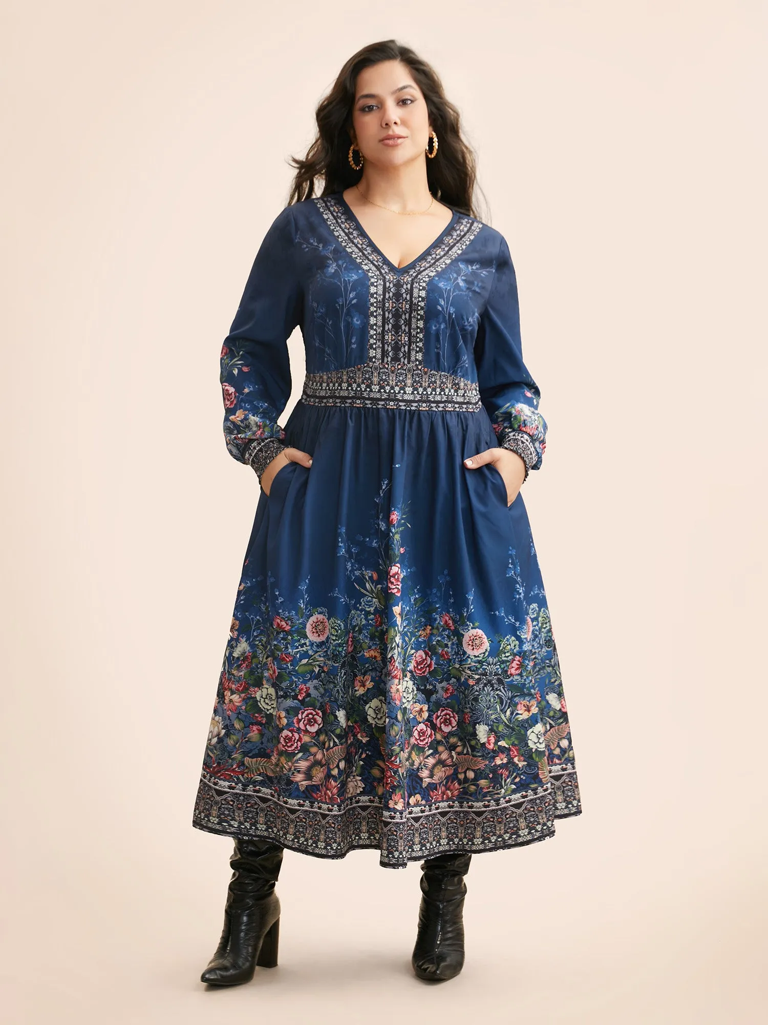 V Neck Boho Print Shirred Dress sold by Bloomchic