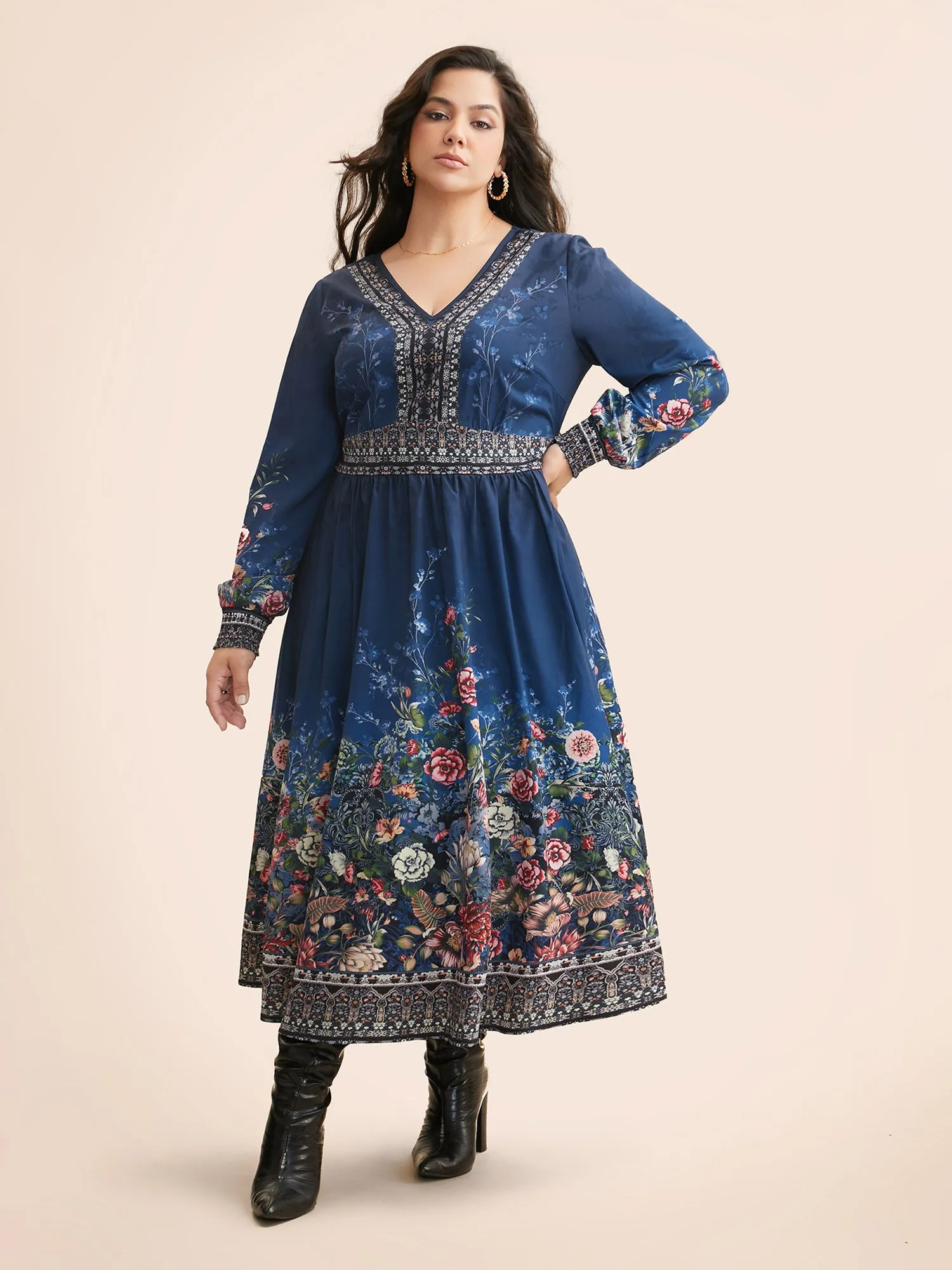 V Neck Boho Print Shirred Dress sold by Bloomchic product image thumbnail 2