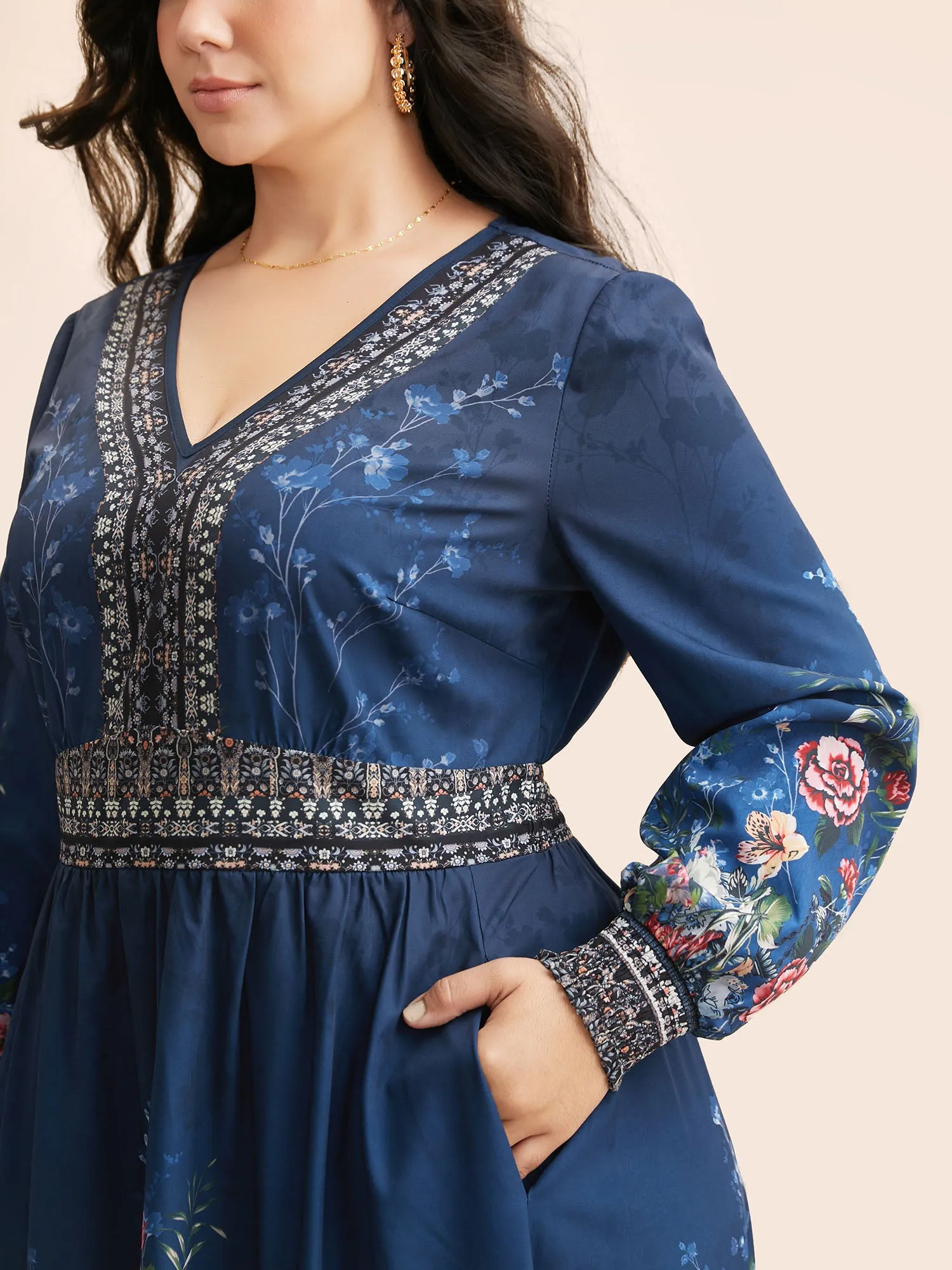 V Neck Boho Print Shirred Dress sold by Bloomchic product image thumbnail 4