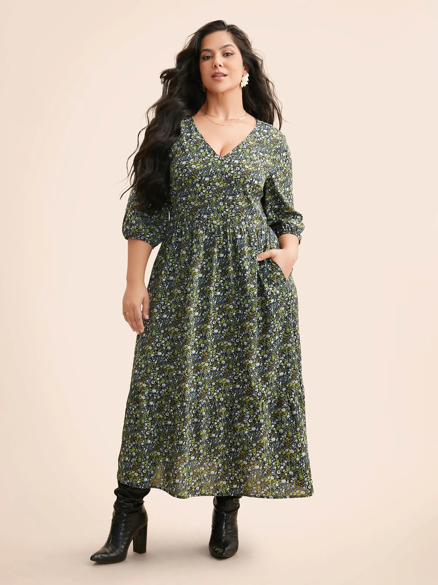 Ditsy Floral Lantern Sleeve Ruffle Hem Dress sold by Bloomchic