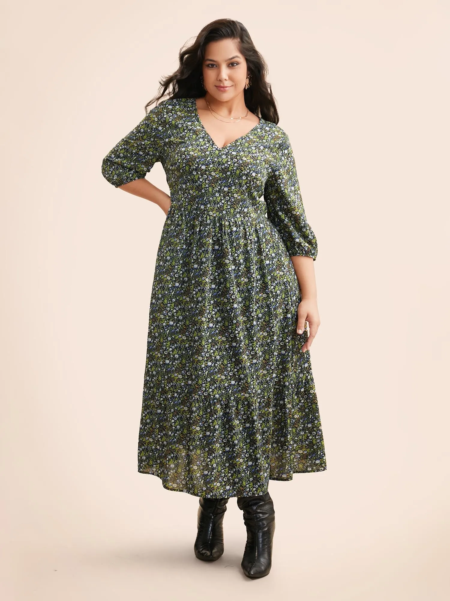 Ditsy Floral Lantern Sleeve Ruffle Hem Dress sold by Bloomchic product image thumbnail 3