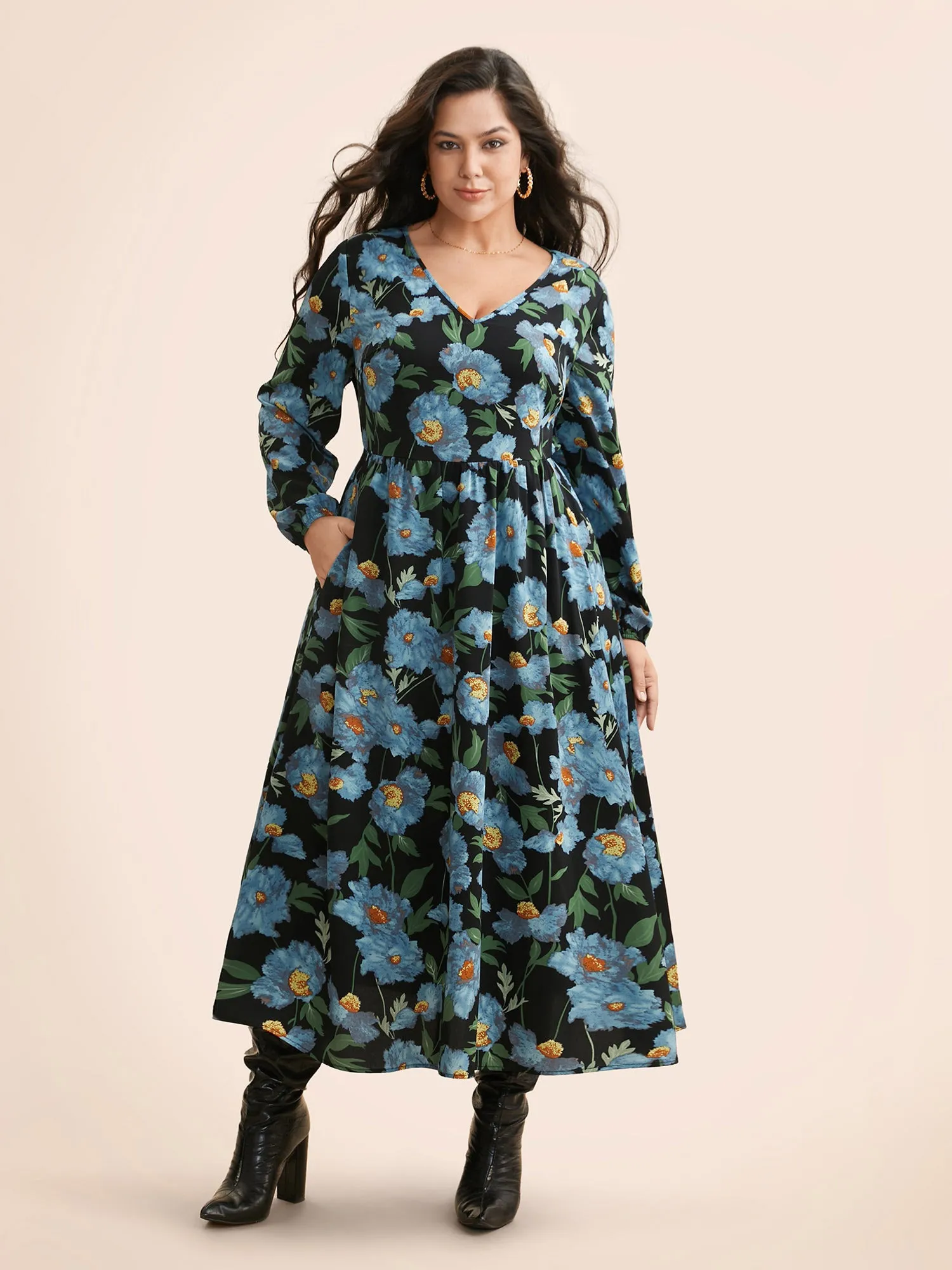 V Neck Floral Print Elastic Waist Dress sold by Bloomchic