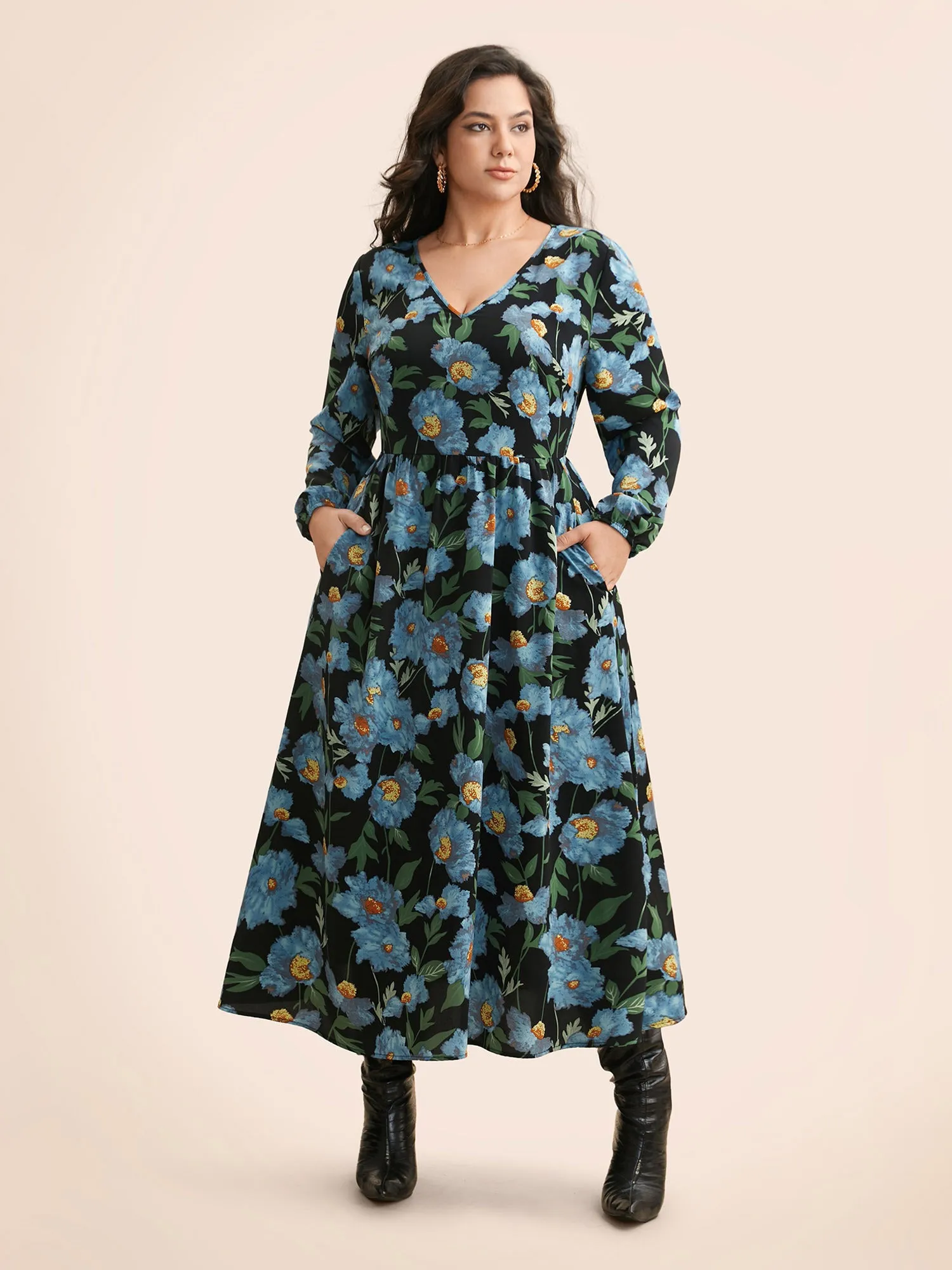 V Neck Floral Print Elastic Waist Dress sold by Bloomchic product image thumbnail 3