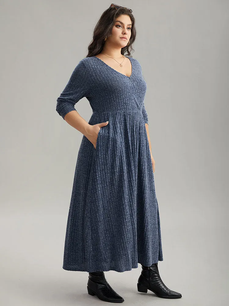 Solid Rib Knit Overlap Collar Pocket Dress sold by Bloomchic product image thumbnail 5